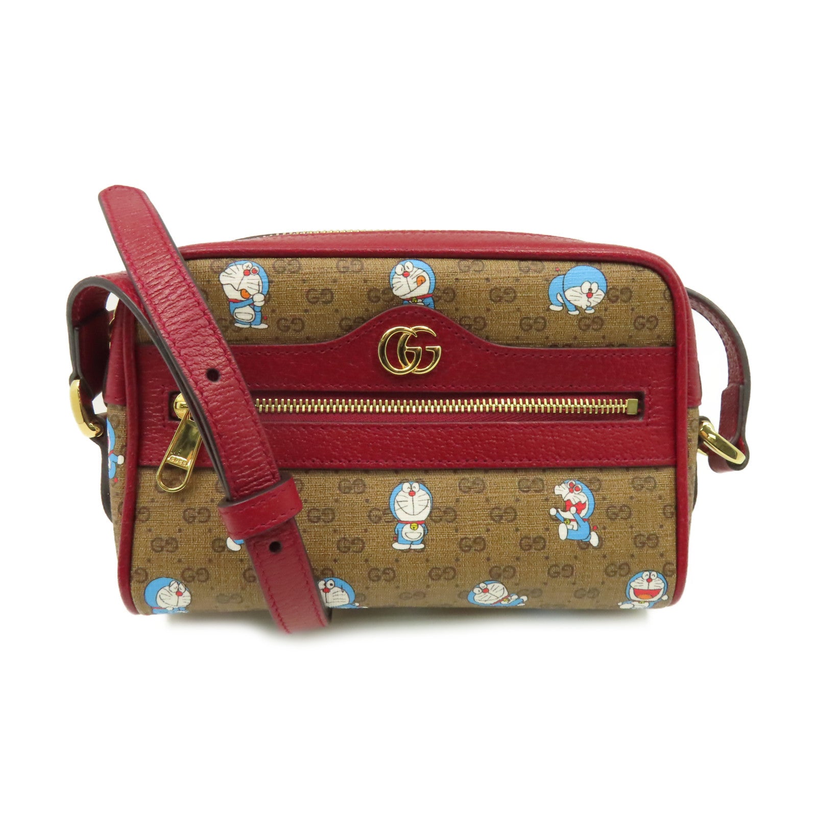 GUCCI 【激減優惠】塗層帆布Doraemon Mini Shoulder Bag金扣肩背袋啡色/酒紅色
