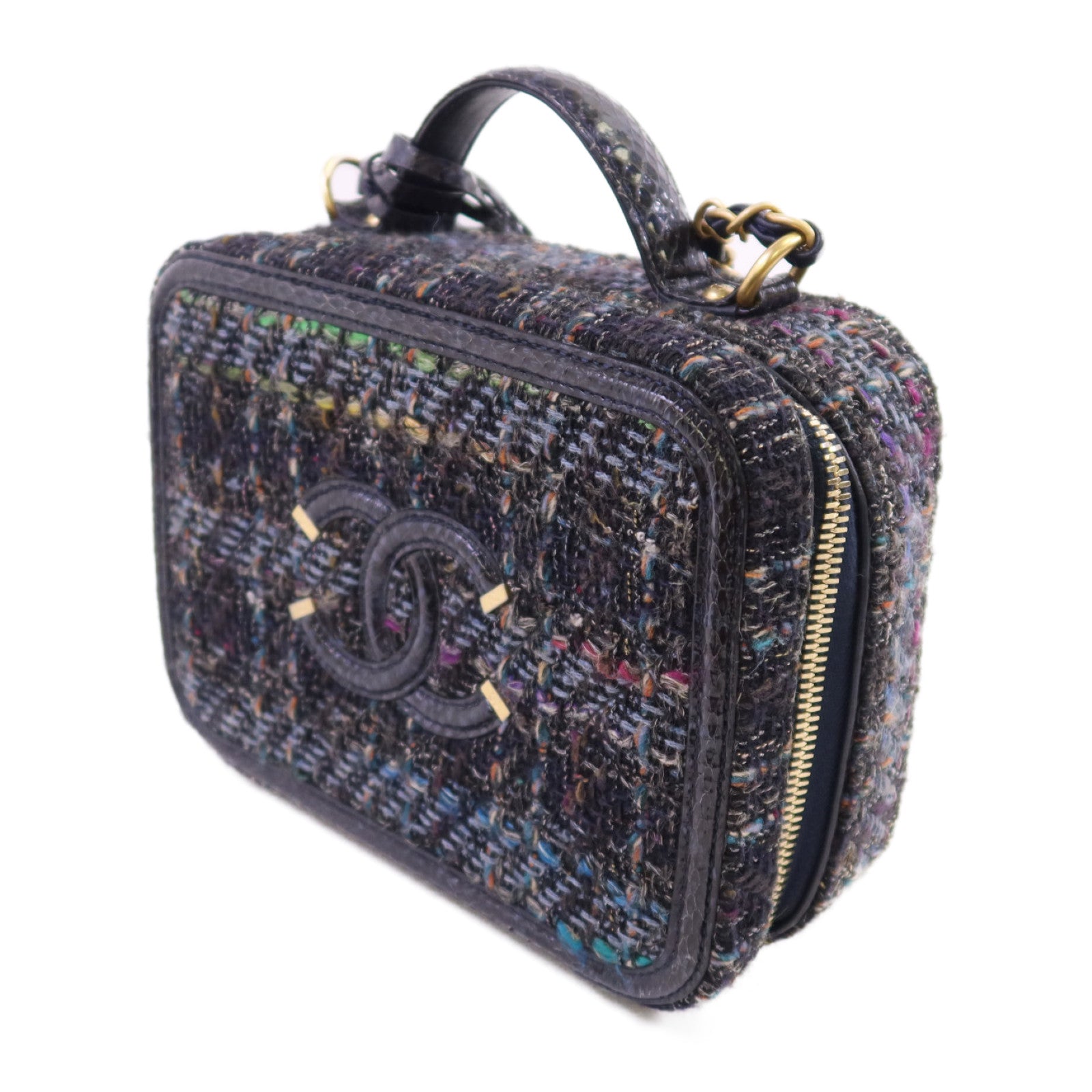 CHANEL 斜紋軟呢/蛇皮Filigree Vanity Case Medium金扣鏈帶手挽肩背兩用袋