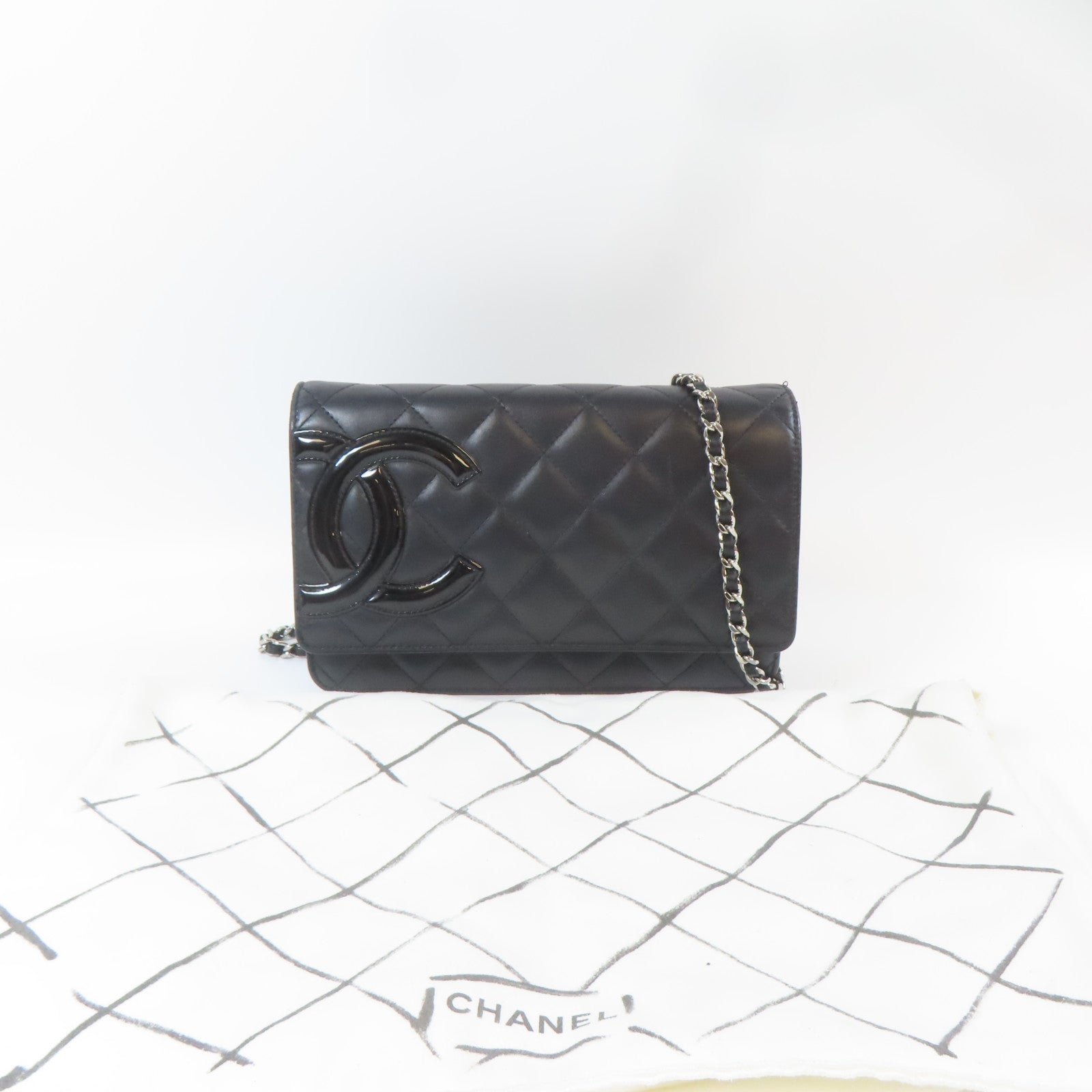 CHANEL 菱格牛皮皮革Cambon WOC Wallet On Chain銀扣鏈帶肩背袋黑色
