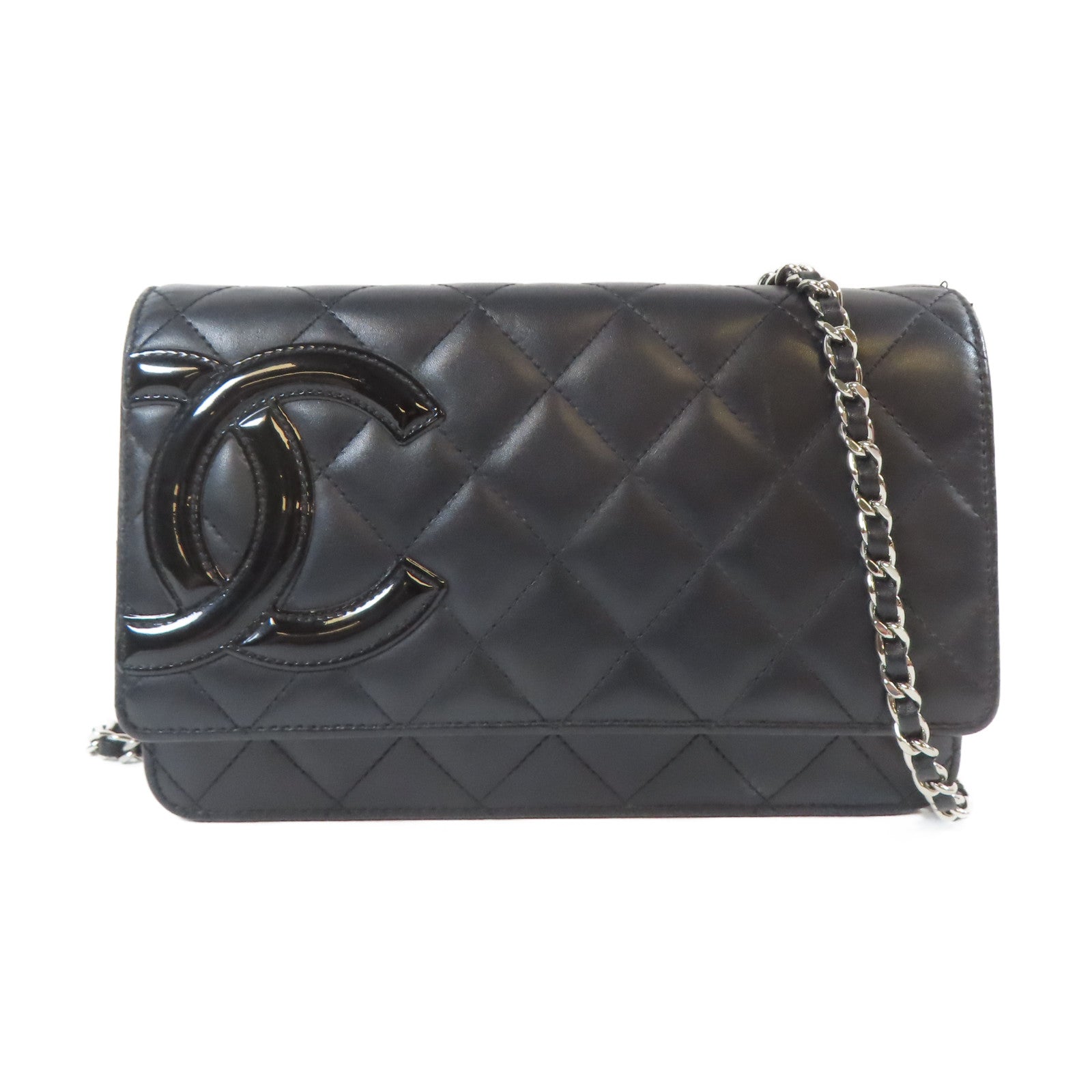 CHANEL 菱格牛皮皮革Cambon WOC Wallet On Chain銀扣鏈帶肩背袋黑色