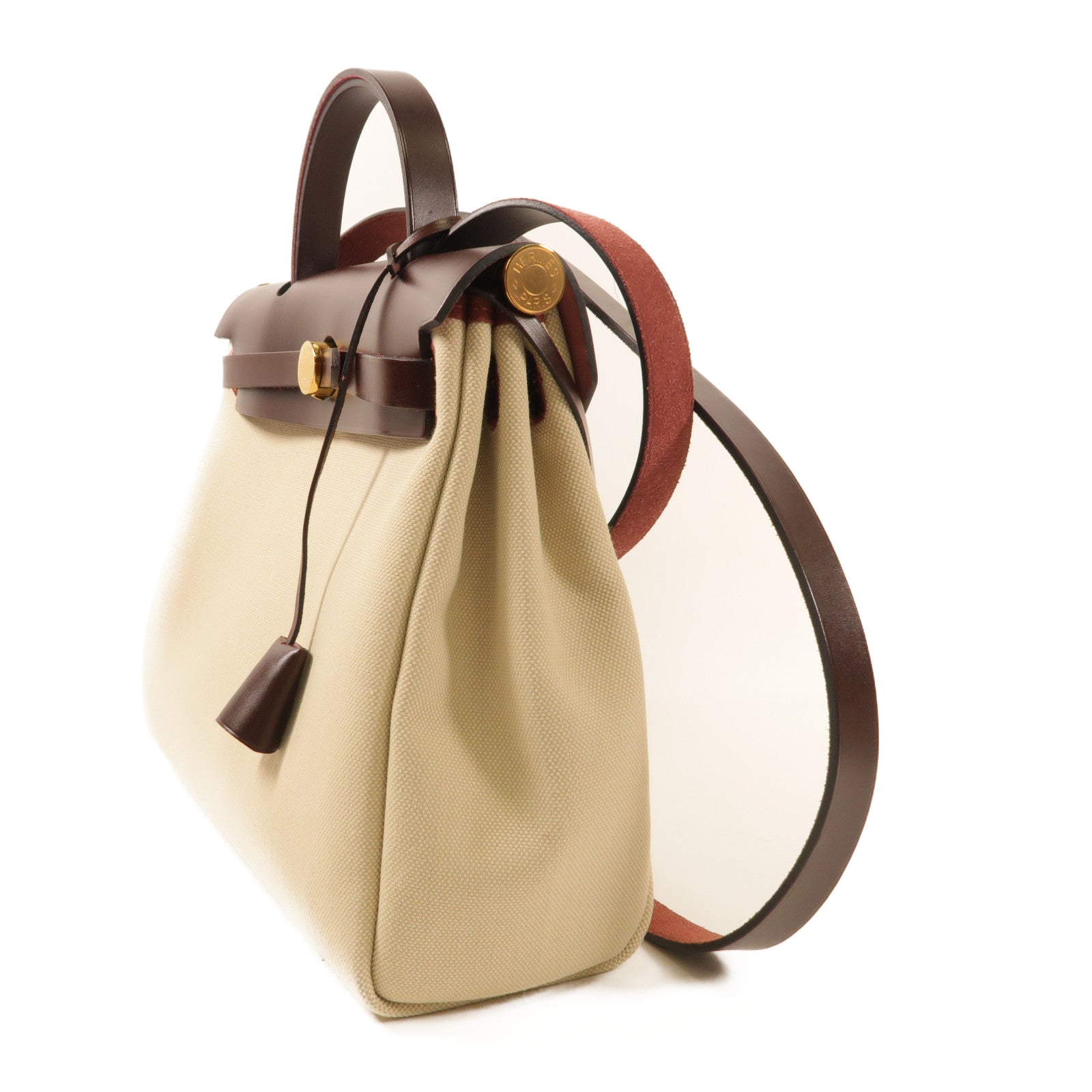 HERMES 帆布Herbag PM金扣手挽肩背兩用袋水泥灰色/馬鞍紅色