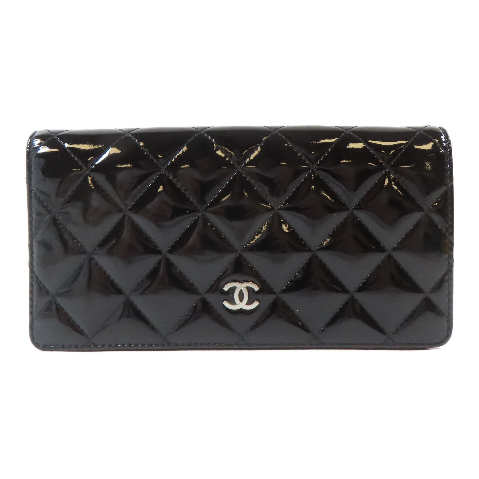 CHANEL 菱格漆皮皮革Long Wallet銀扣長錢包黑色