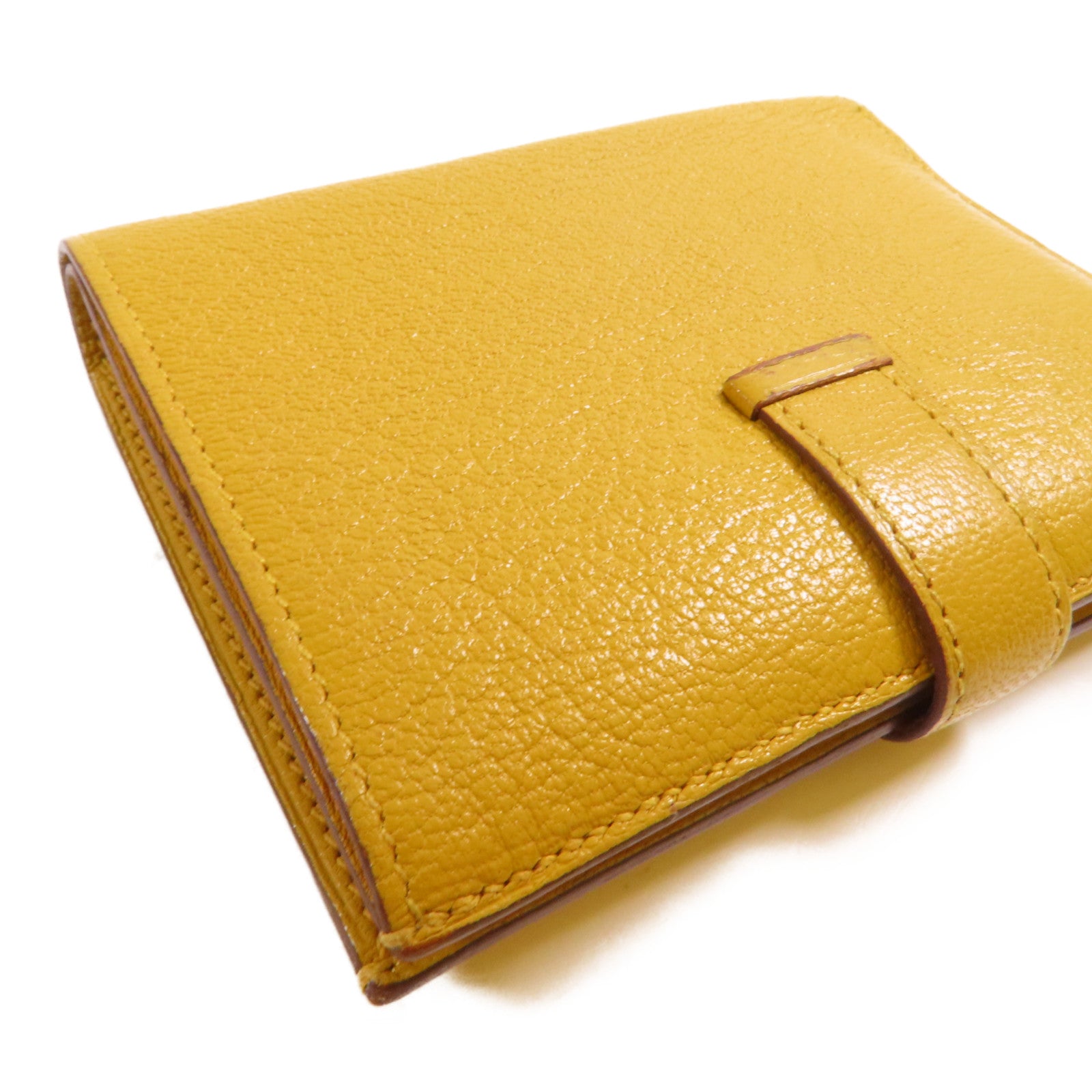 HERMES Chevre皮革Bearn Compact Wallet金扣錢包9D Jaune Ambre
