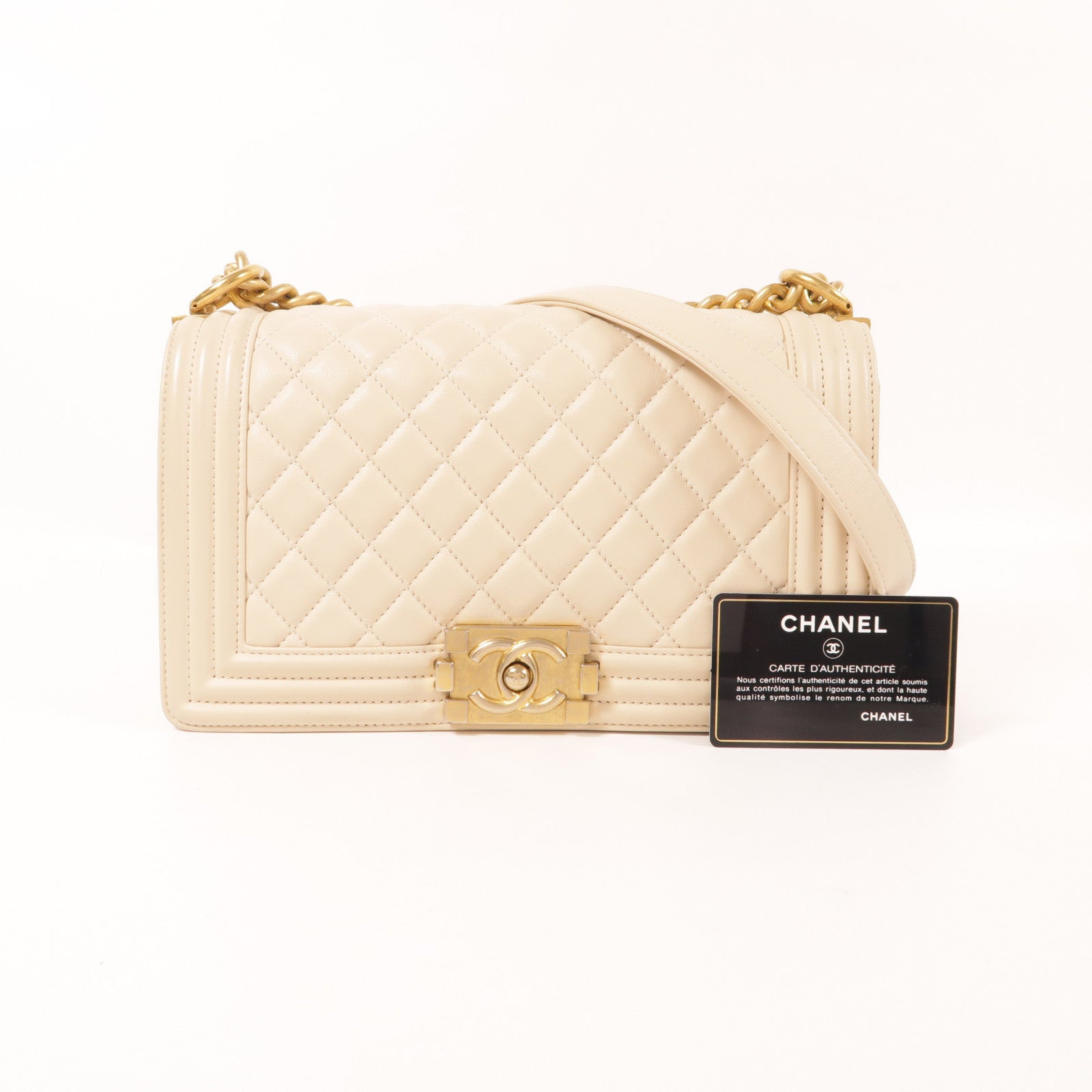 CHANEL 牛皮皮革Boy 25金扣鏈帶肩背袋
