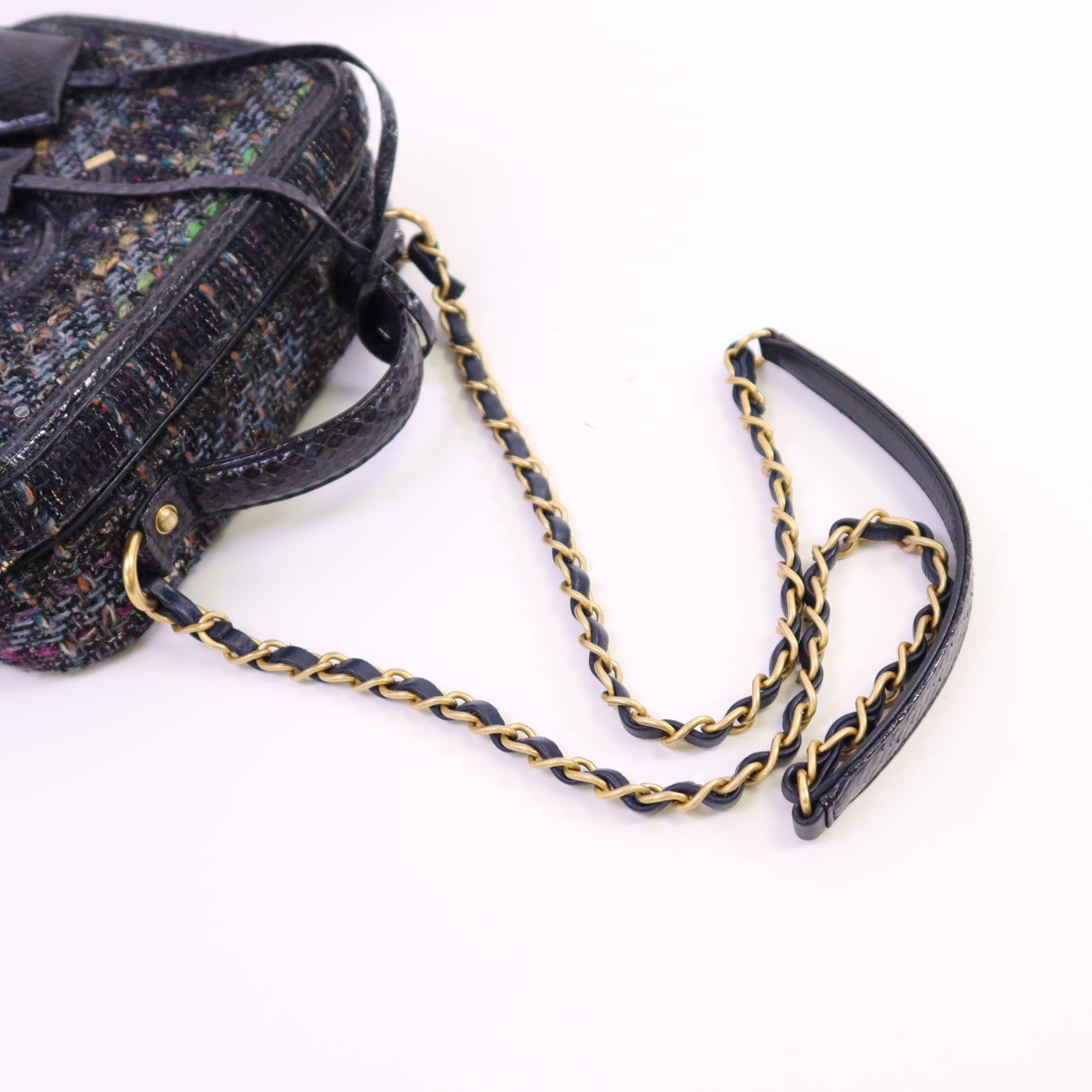 CHANEL 斜紋軟呢/蛇皮Filigree Vanity Case Medium金扣鏈帶手挽肩背兩用袋