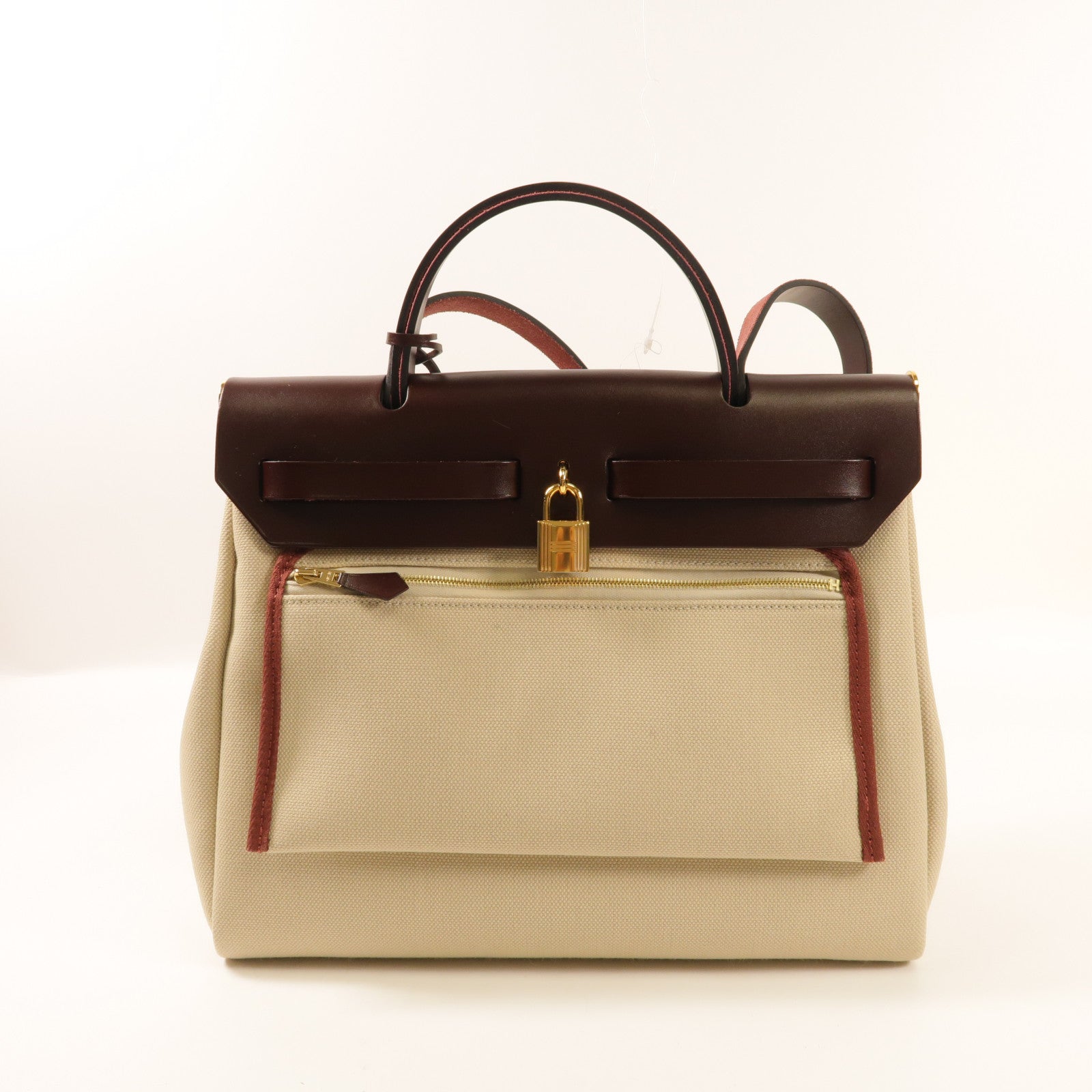 HERMES 帆布Herbag PM金扣手挽肩背兩用袋水泥灰色/馬鞍紅色