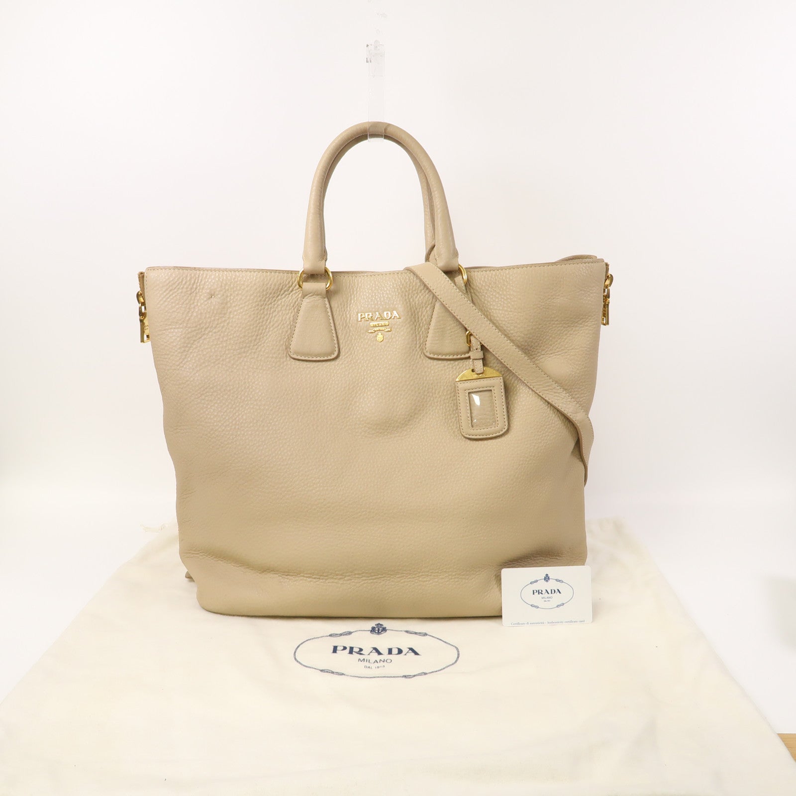 PRADA 皮革2 Way Shoulder金扣手挽肩背兩用袋米色