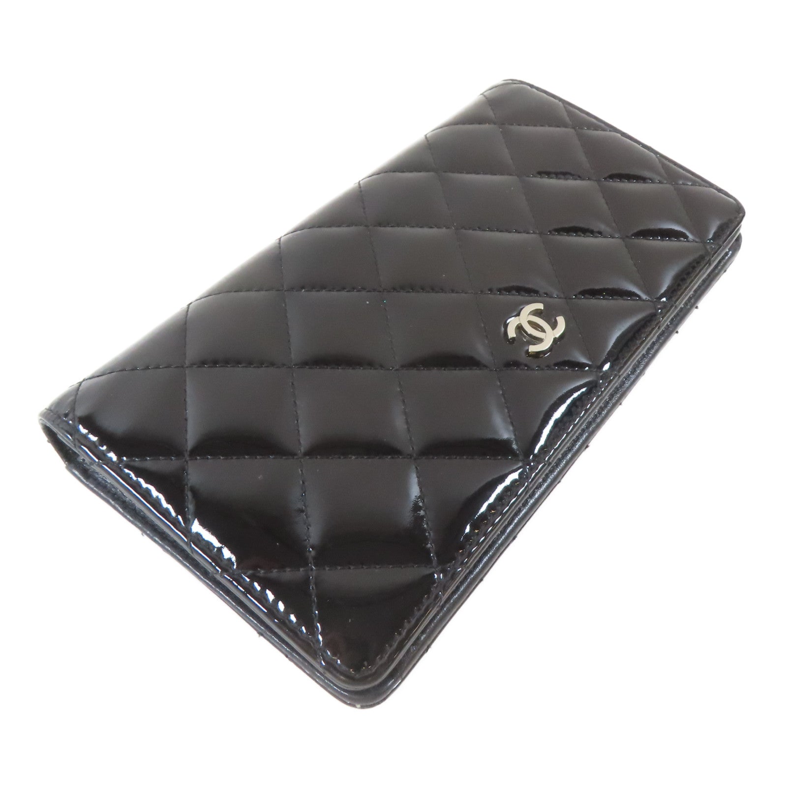 CHANEL 菱格漆皮皮革Long Wallet銀扣長錢包黑色