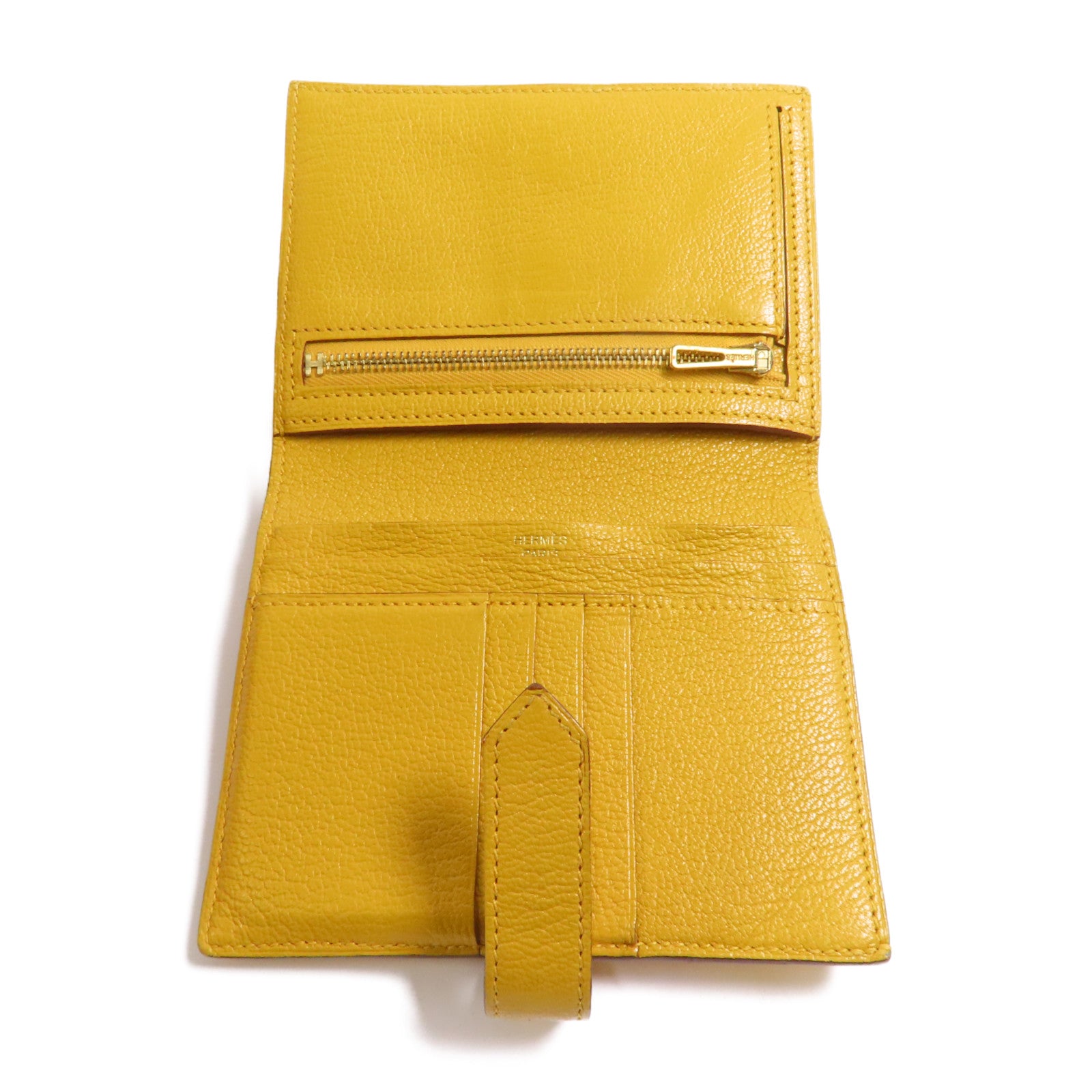 HERMES Chevre皮革Bearn Compact Wallet金扣錢包9D Jaune Ambre