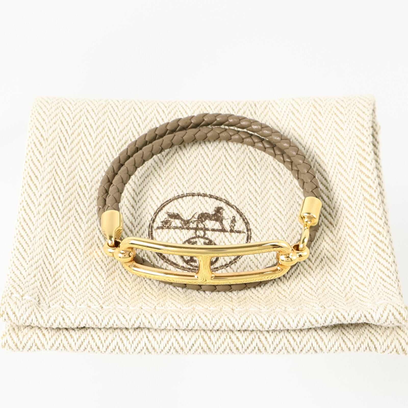 HERMES Swift皮革/金屬Roulis Double Tour Bracelet金扣手鏈Etoupe