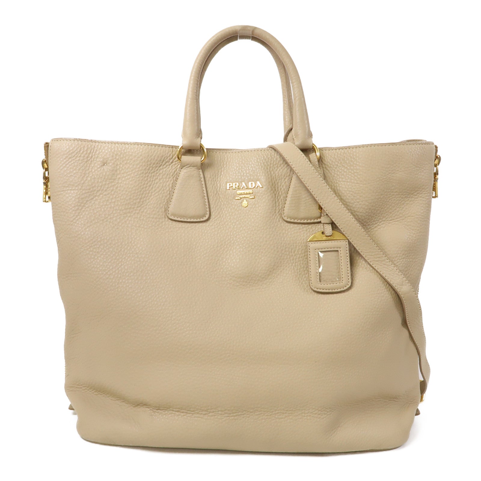 PRADA 皮革2 Way Shoulder金扣手挽肩背兩用袋米色