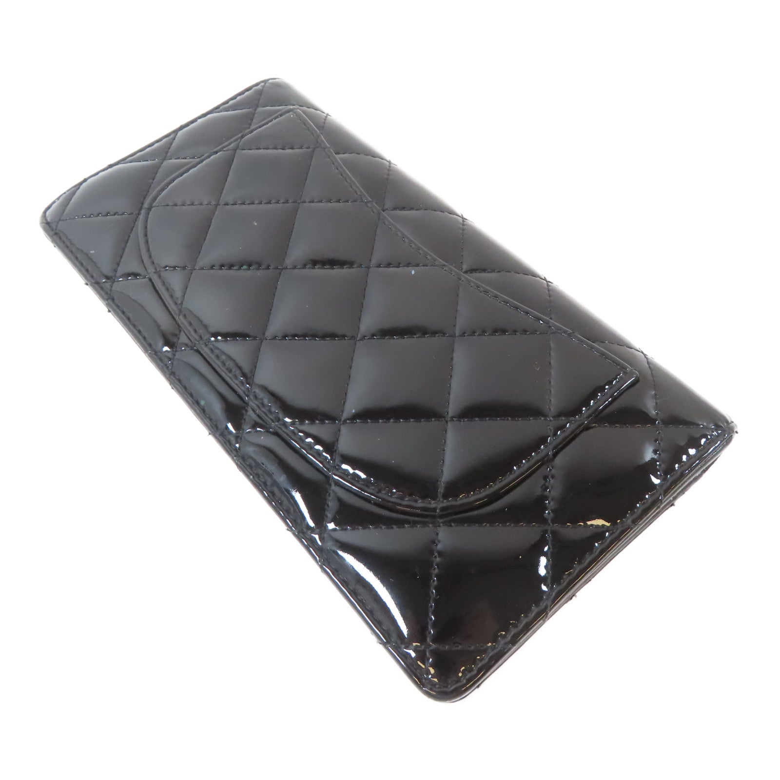 CHANEL 菱格漆皮皮革Long Wallet銀扣長錢包黑色