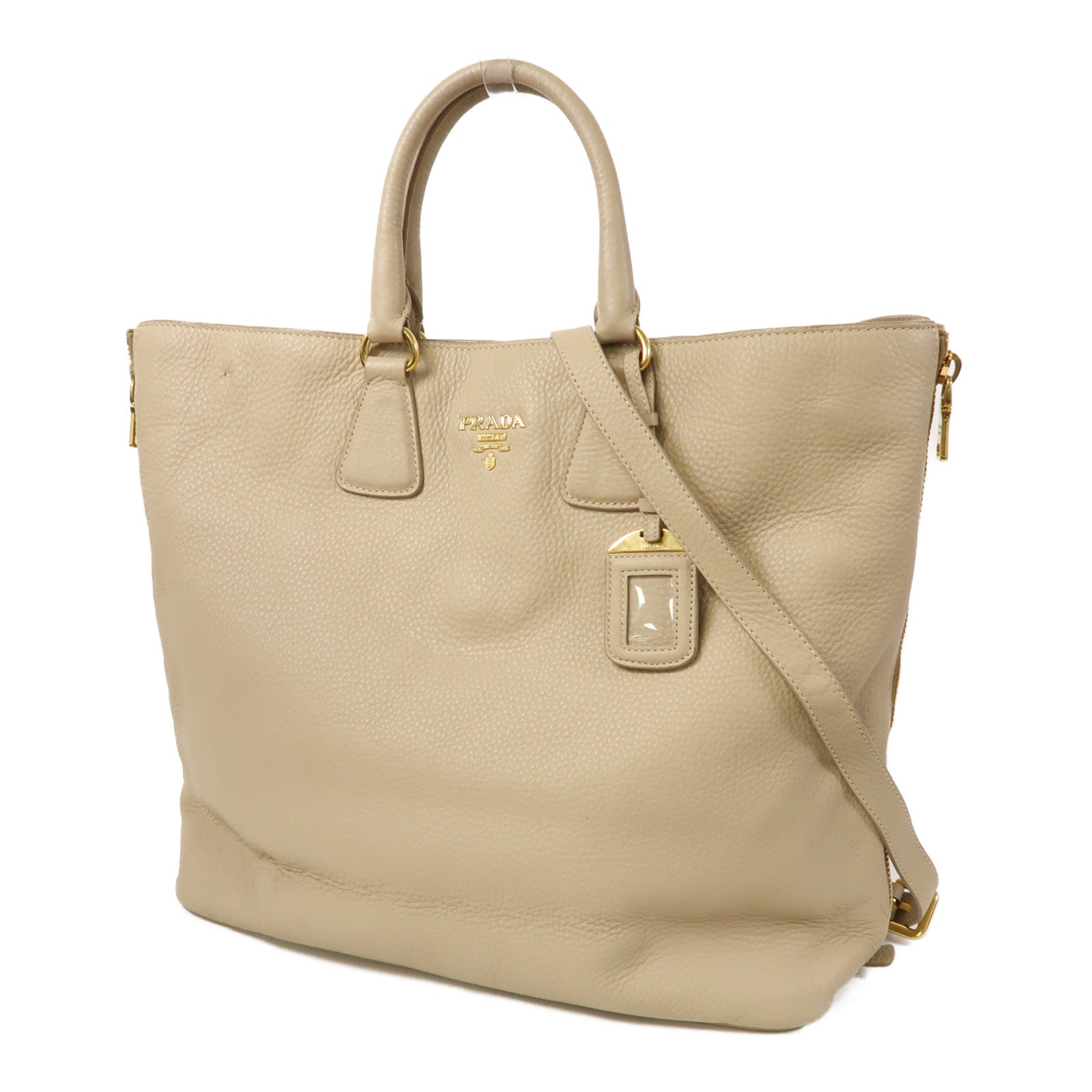 PRADA 皮革2 Way Shoulder金扣手挽肩背兩用袋米色