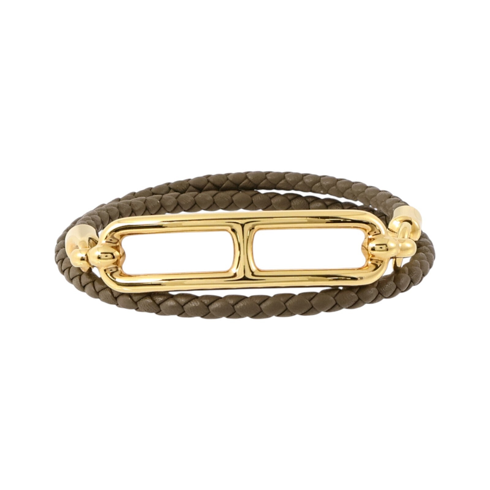 HERMES Swift皮革/金屬Roulis Double Tour Bracelet金扣手鏈Etoupe