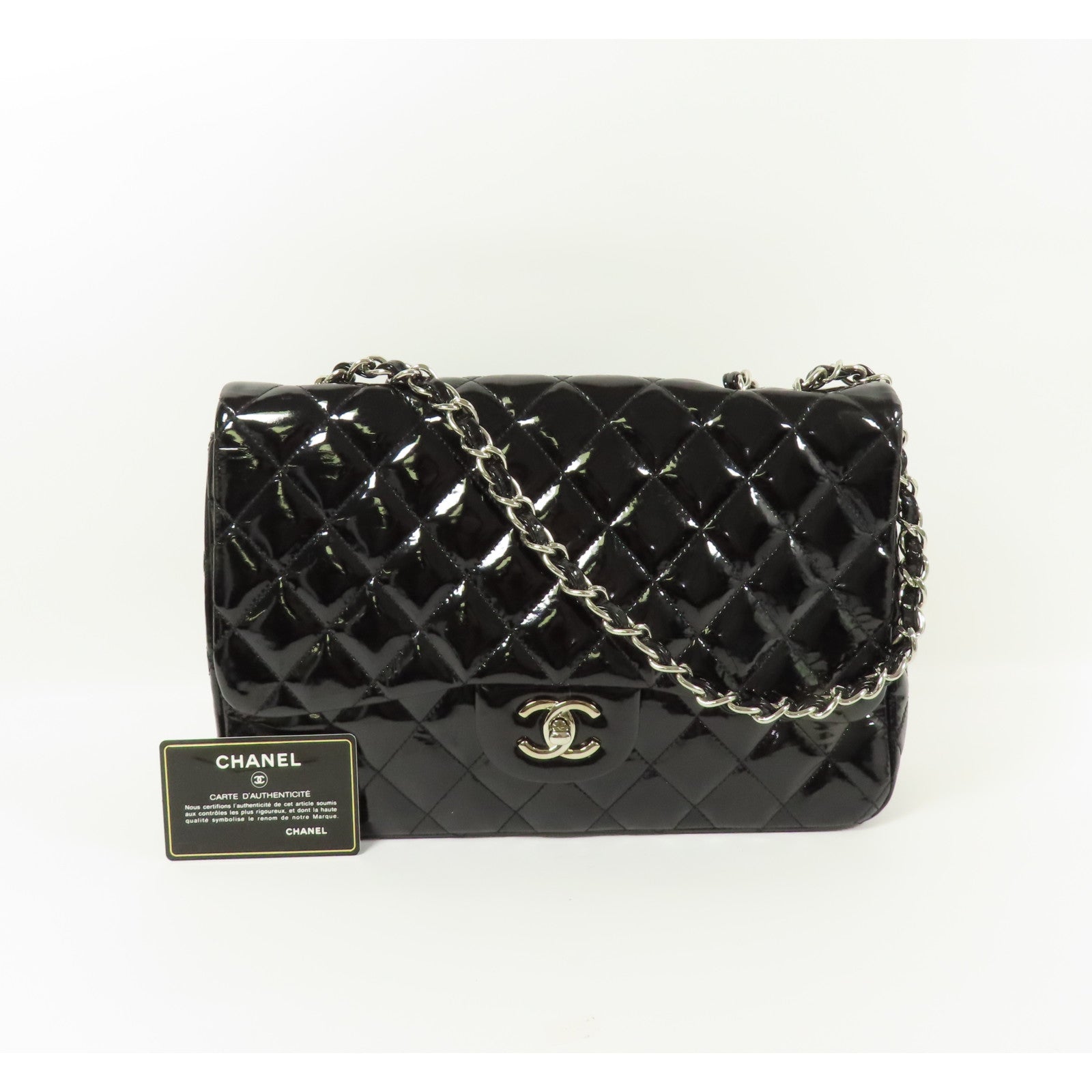 CHANEL 漆皮皮革Large Classic銀扣鏈帶肩背袋