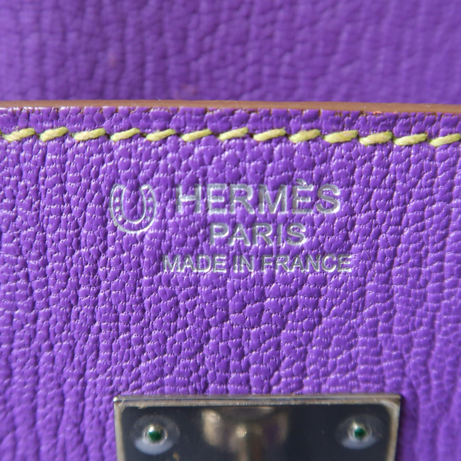HERMES Mysore皮革Birkin 30銀扣手挽袋紫色/螢光綠色