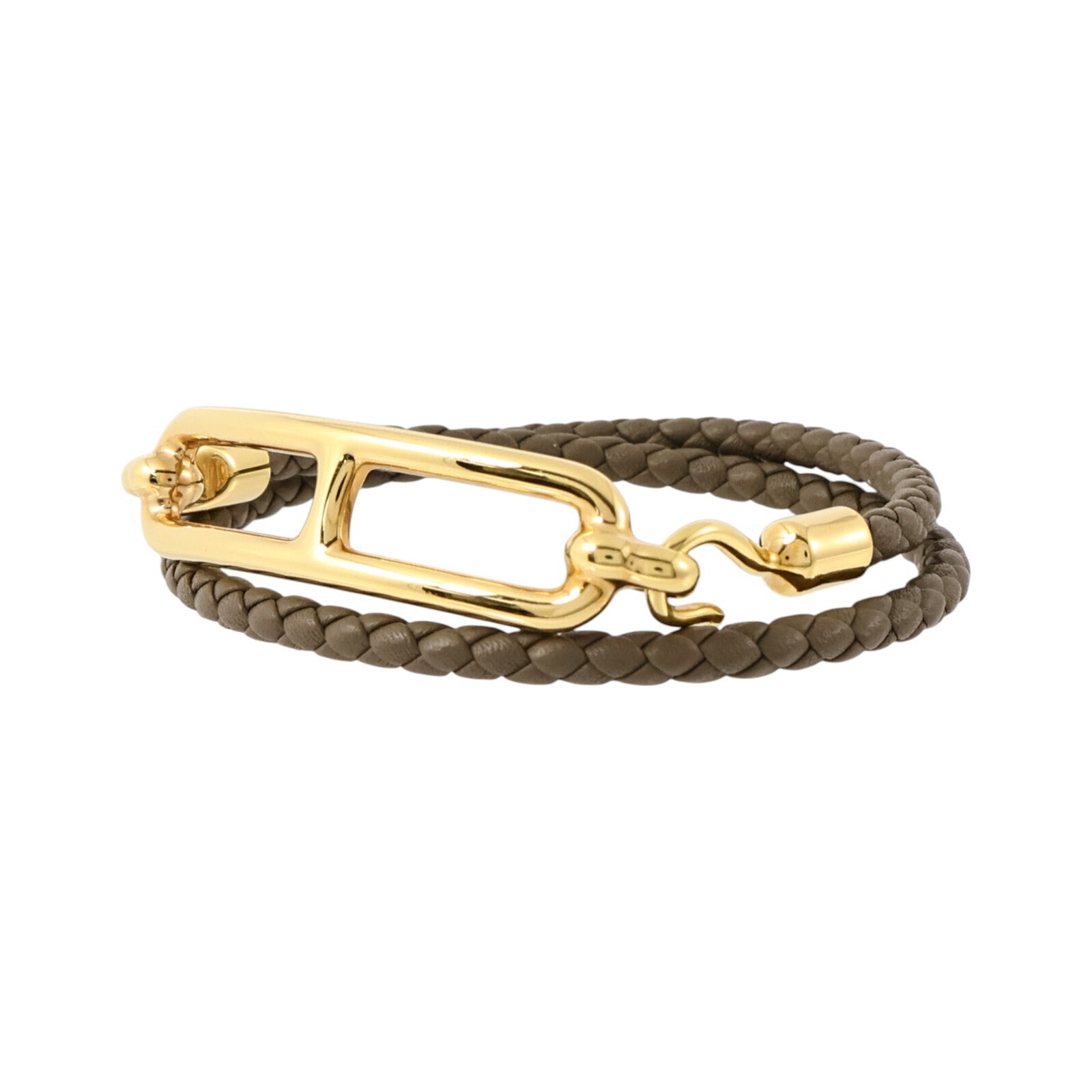 HERMES Swift皮革/金屬Roulis Double Tour Bracelet金扣手鏈Etoupe