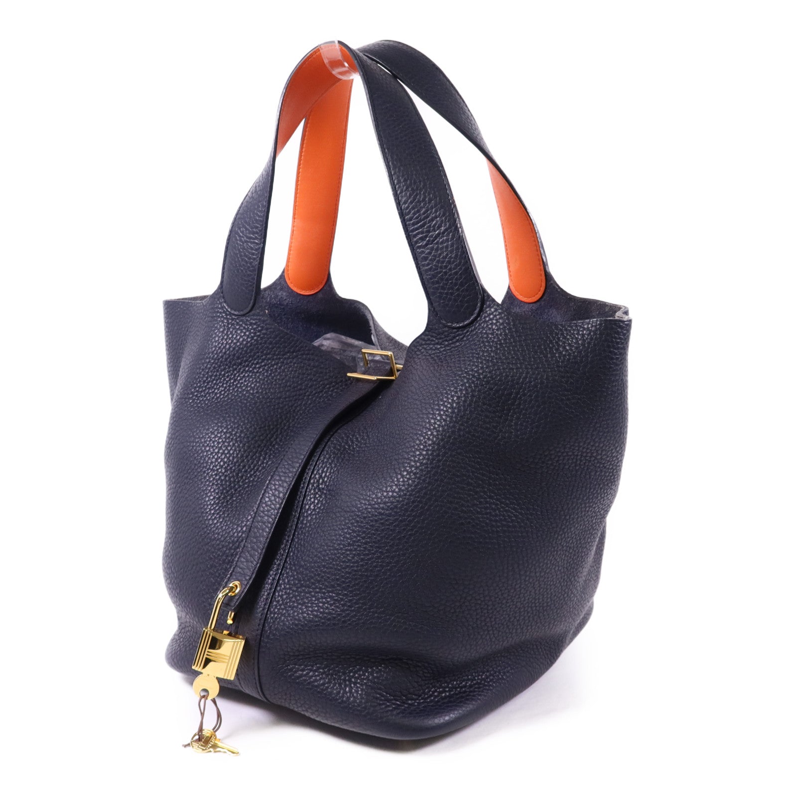 HERMES Clemence皮革Picotin GM金扣手挽袋Bleu Indigo/Orange
