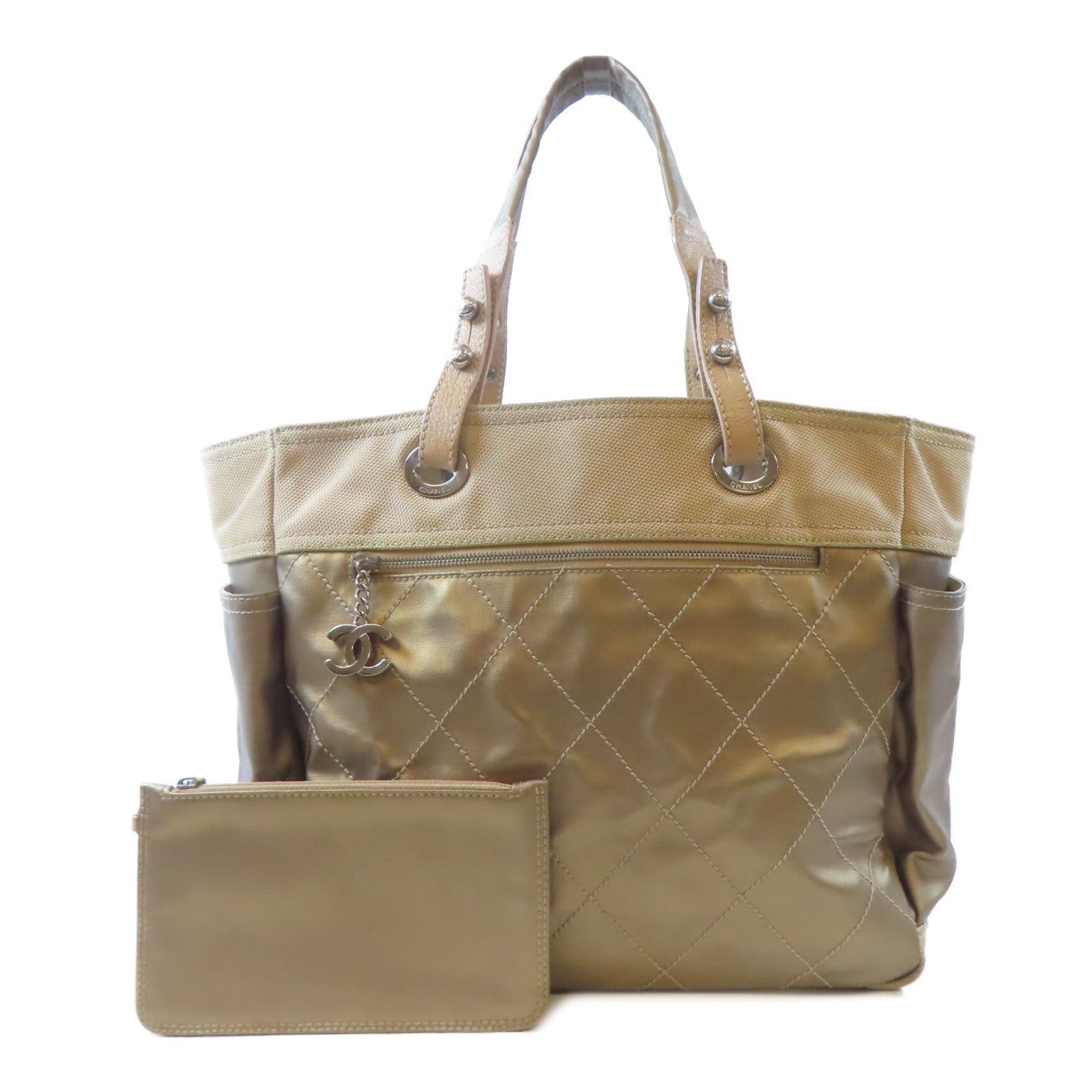 CHANEL 塗層帆布Tote Bag銀扣肩背袋金色