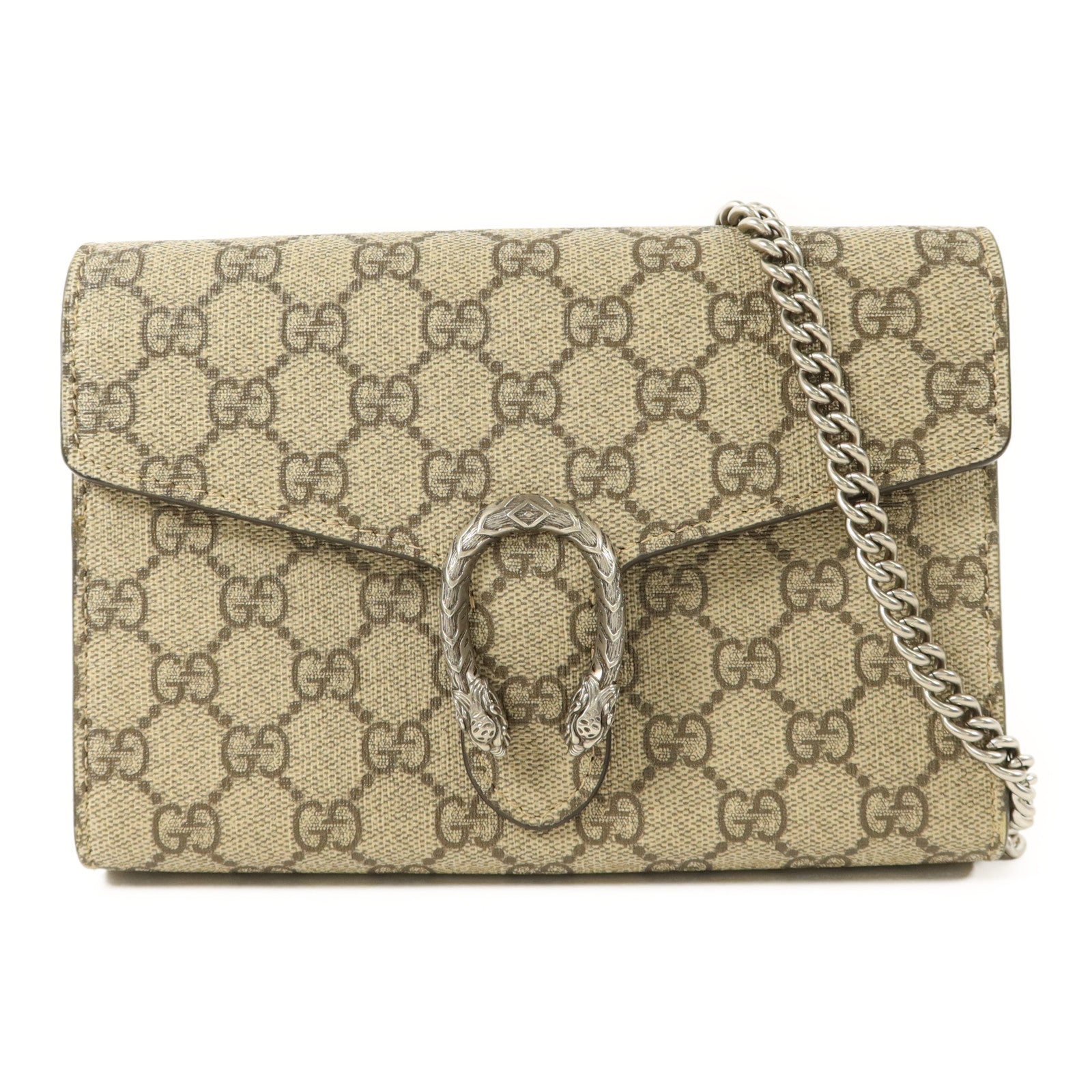 GUCCI 塗層帆布Dionysus GG銀扣鏈帶肩背袋