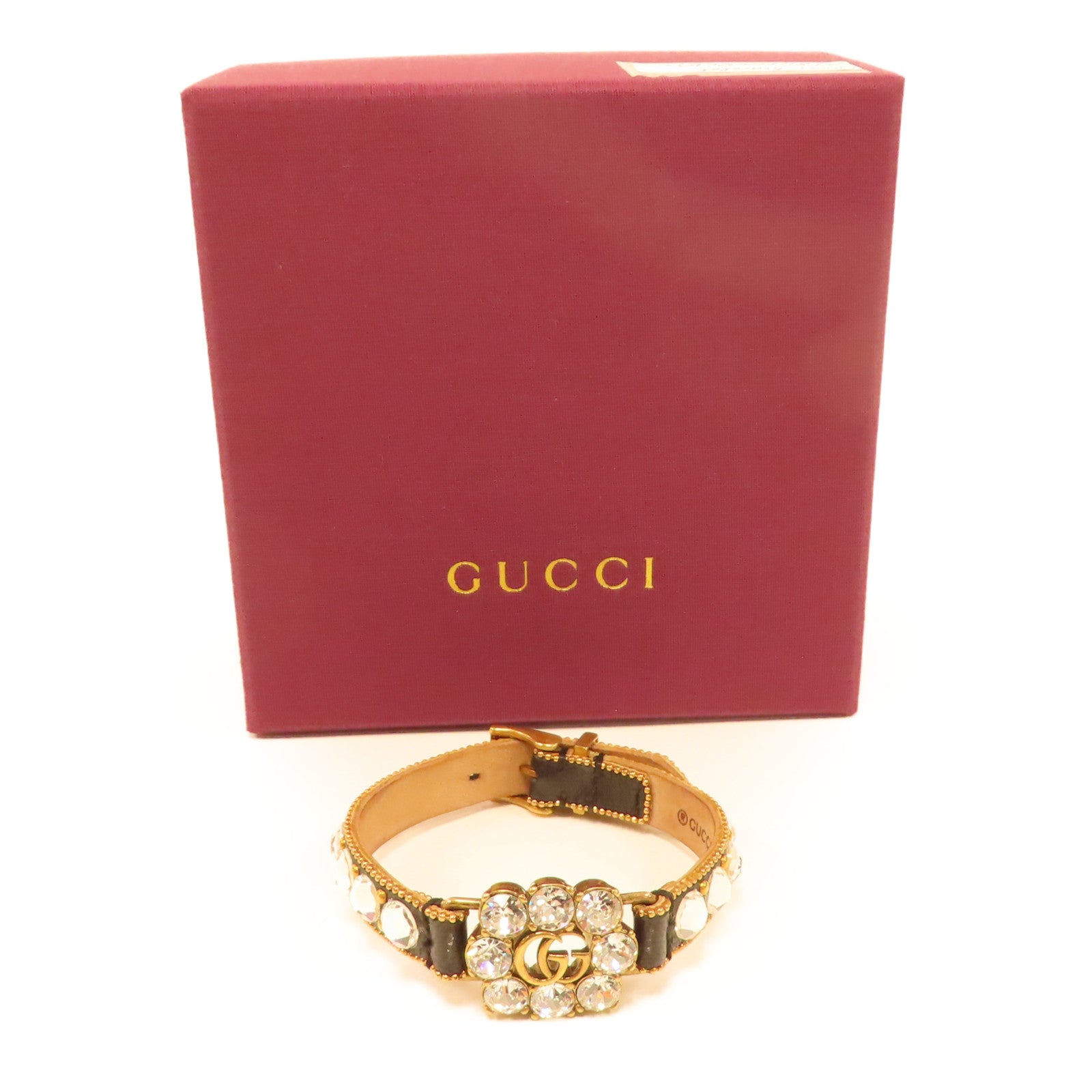 GUCCI 牛皮皮革/水晶Bracelet金扣手鐲黑色