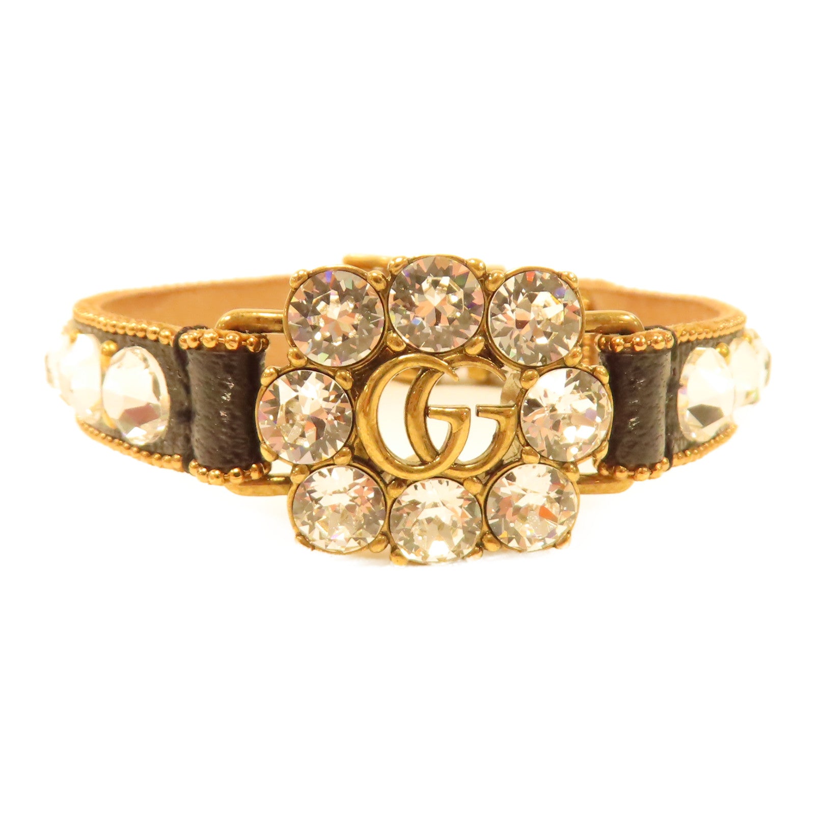 GUCCI 牛皮皮革/水晶Bracelet金扣手鐲黑色