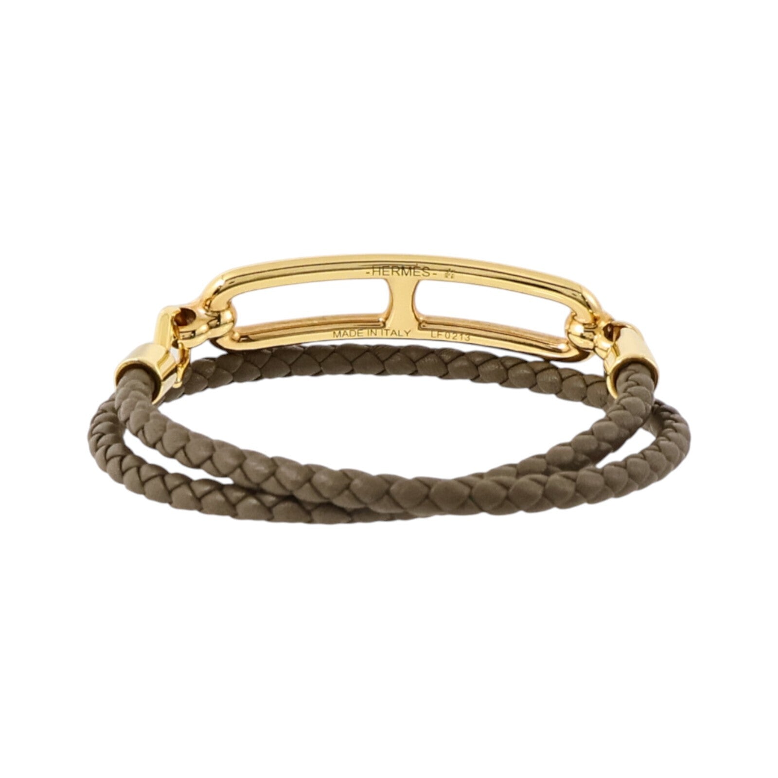 HERMES Swift皮革/金屬Roulis Double Tour Bracelet金扣手鏈Etoupe