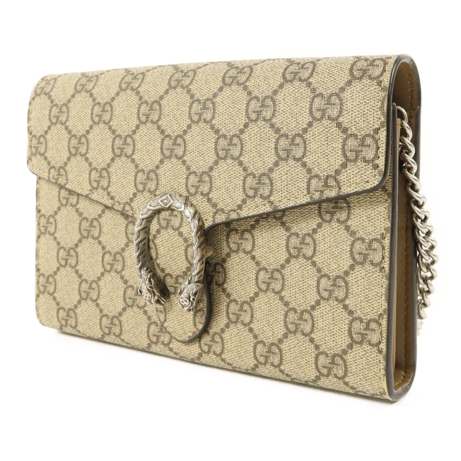 GUCCI 塗層帆布Dionysus GG銀扣鏈帶肩背袋
