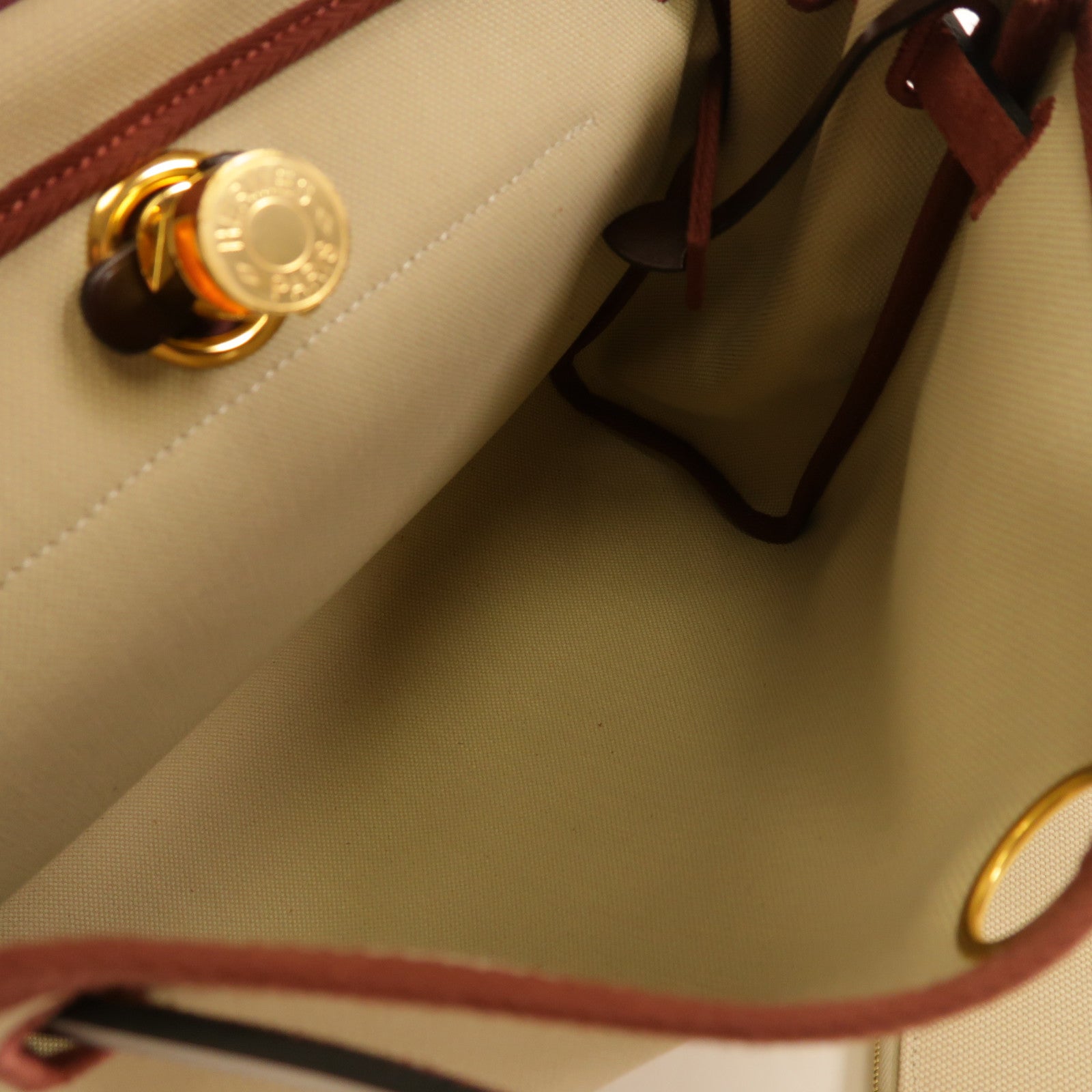 HERMES 帆布Herbag PM金扣手挽肩背兩用袋水泥灰色/馬鞍紅色