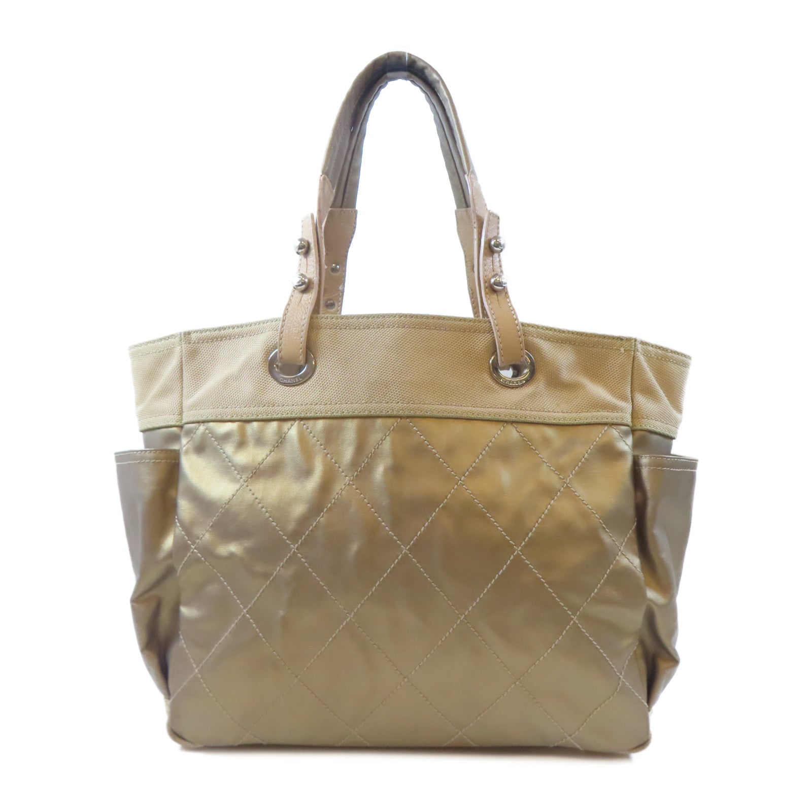 CHANEL 塗層帆布Tote Bag銀扣肩背袋金色