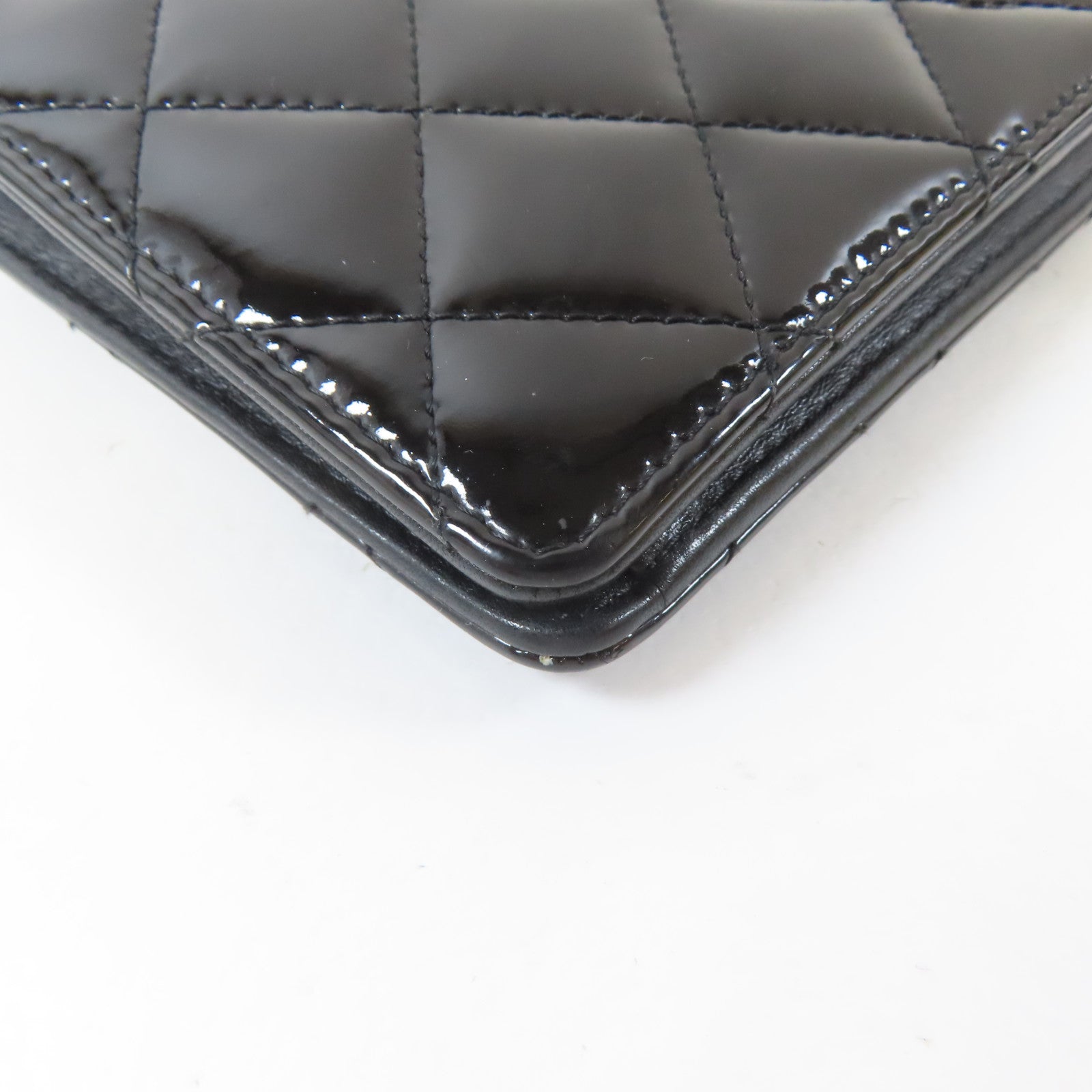 CHANEL 菱格漆皮皮革Long Wallet銀扣長錢包黑色