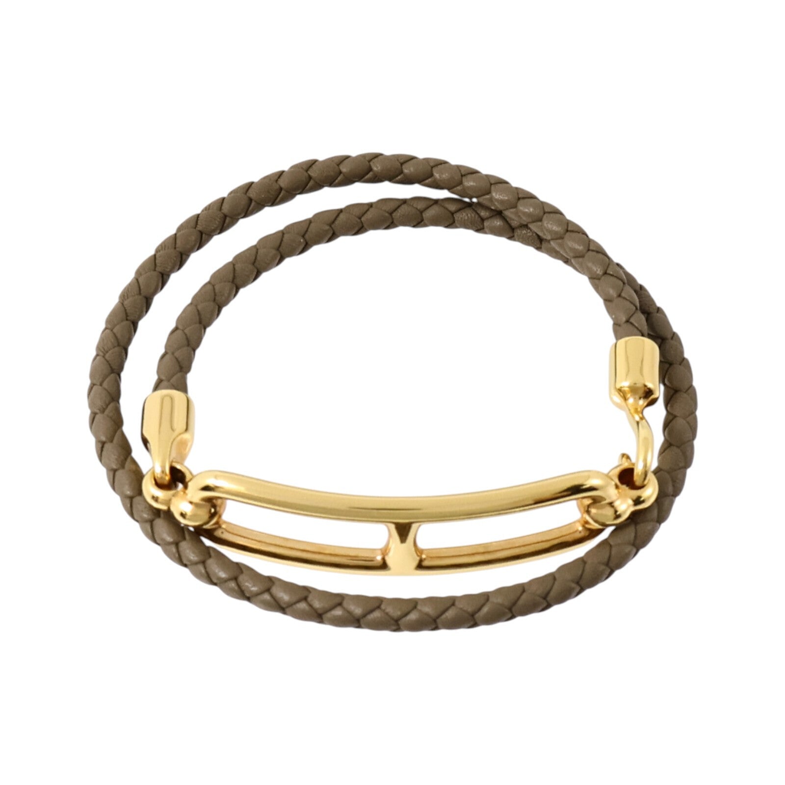 HERMES Swift皮革/金屬Roulis Double Tour Bracelet金扣手鏈Etoupe