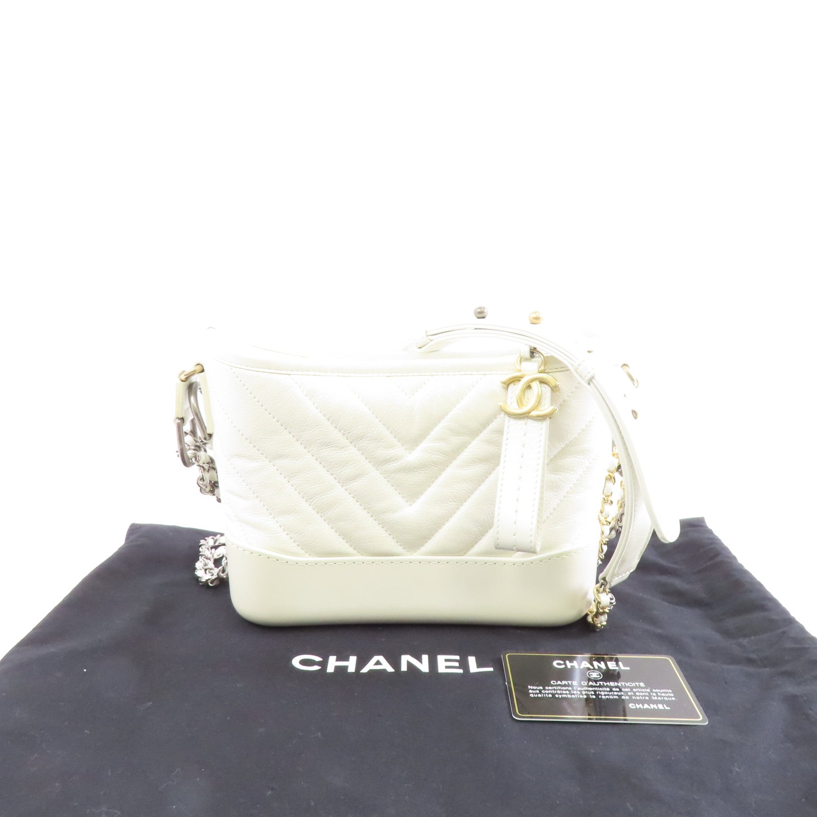 CHANEL 斜紋皮革Gabrlelle Small金扣/銀扣鏈帶肩背袋白色