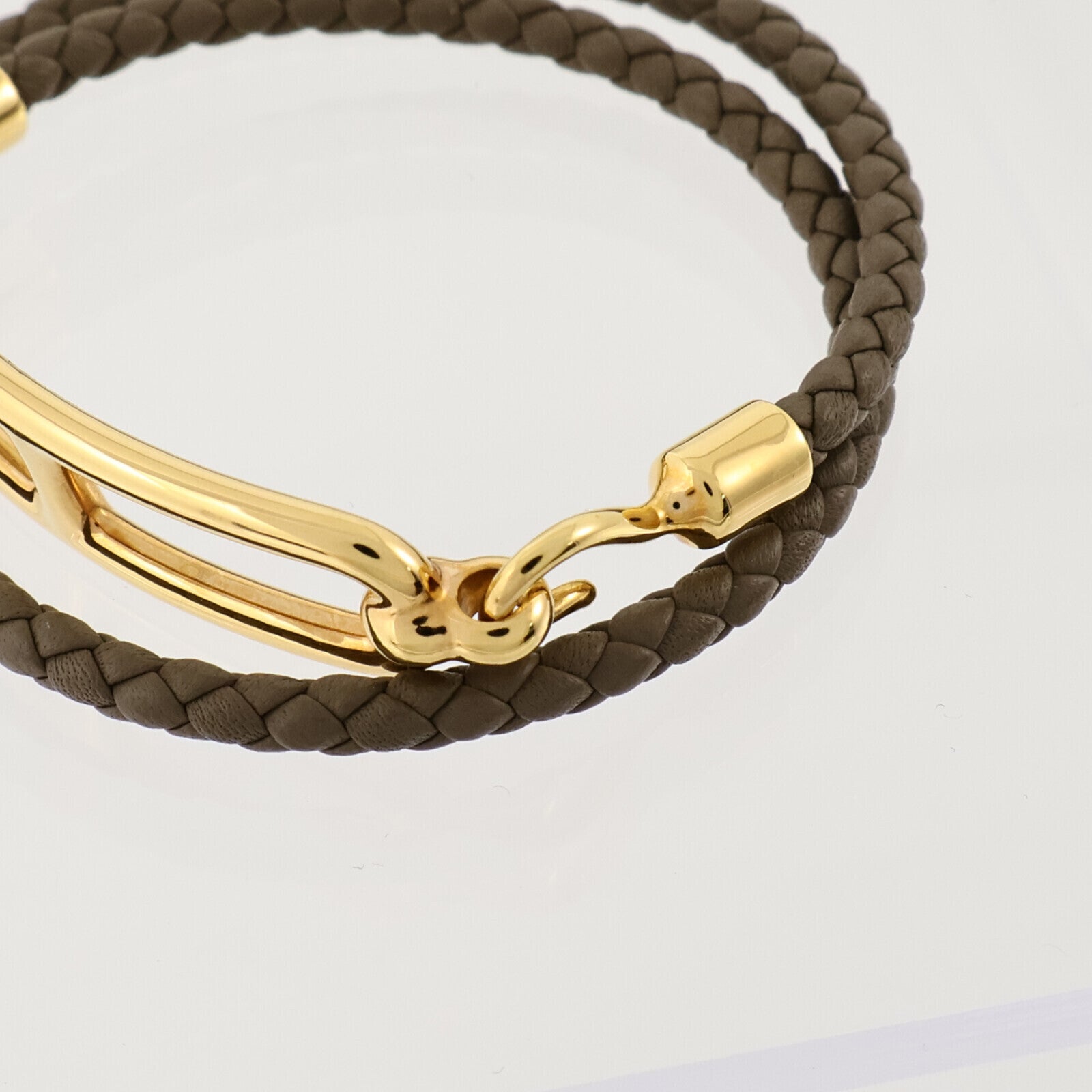 HERMES Swift皮革/金屬Roulis Double Tour Bracelet金扣手鏈Etoupe