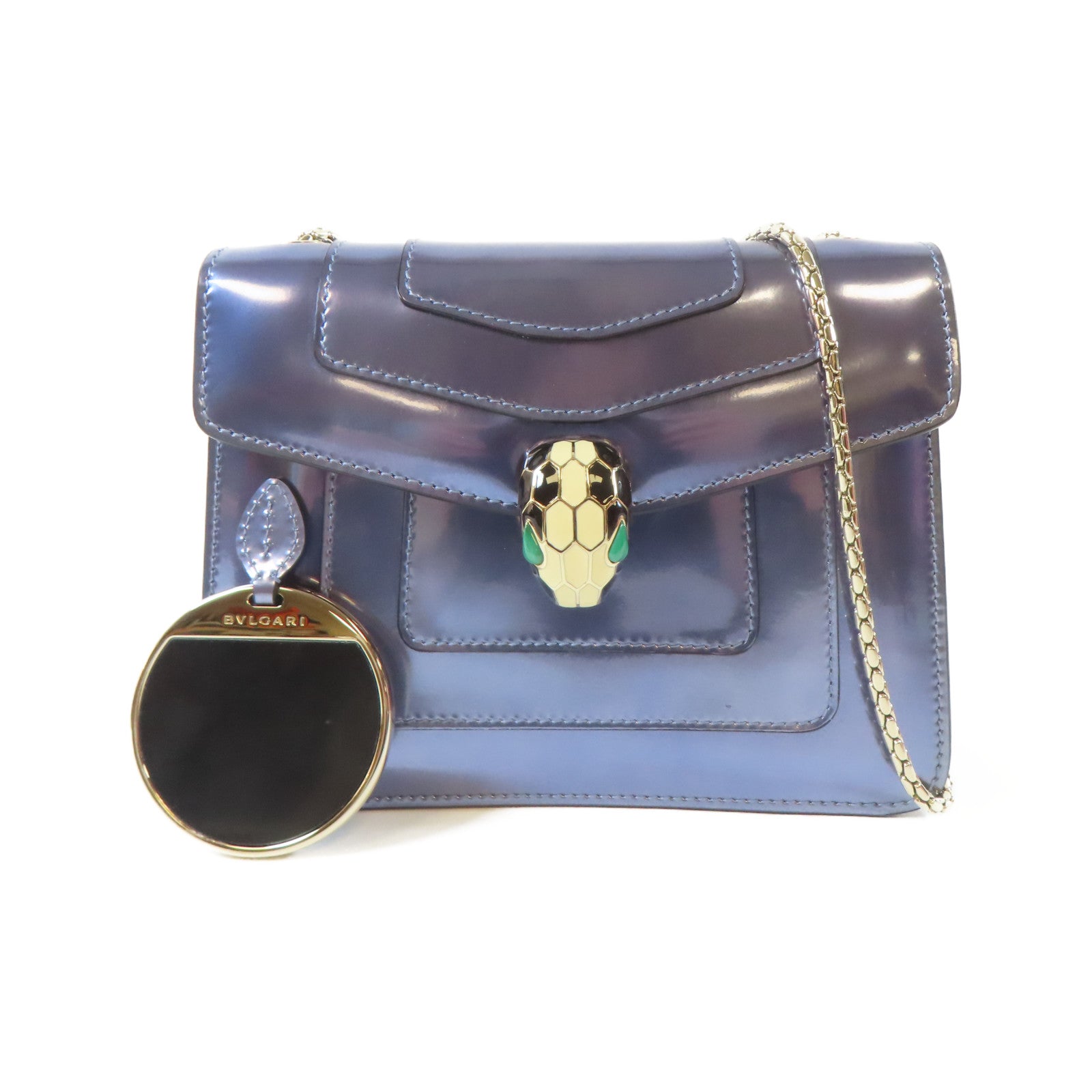BVLGARI 【激減優惠】漆皮皮革Serpenti Forever銀扣鏈帶肩背袋藍色