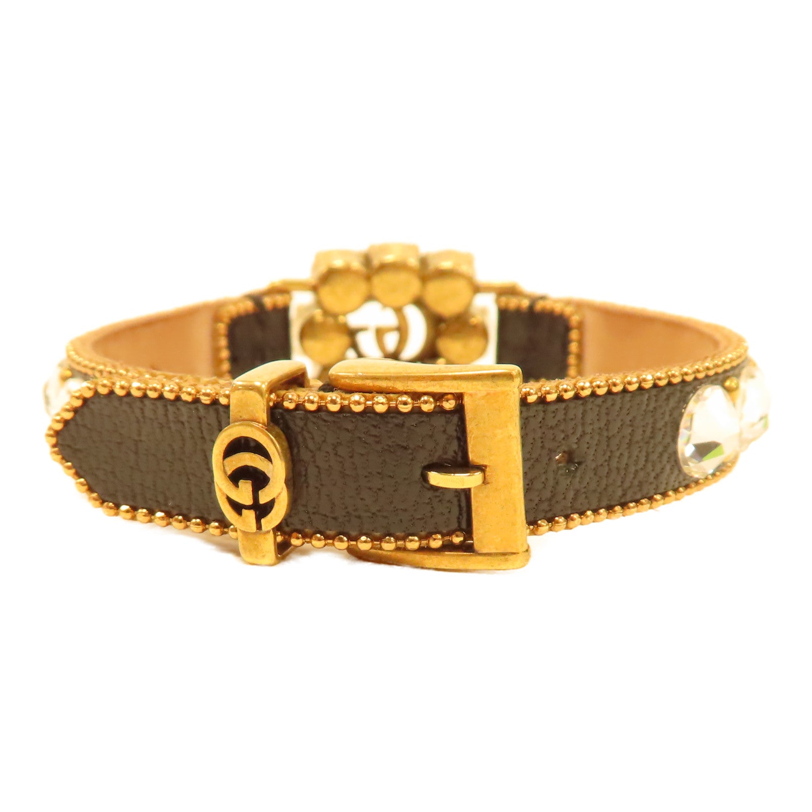 GUCCI 牛皮皮革/水晶Bracelet金扣手鐲黑色