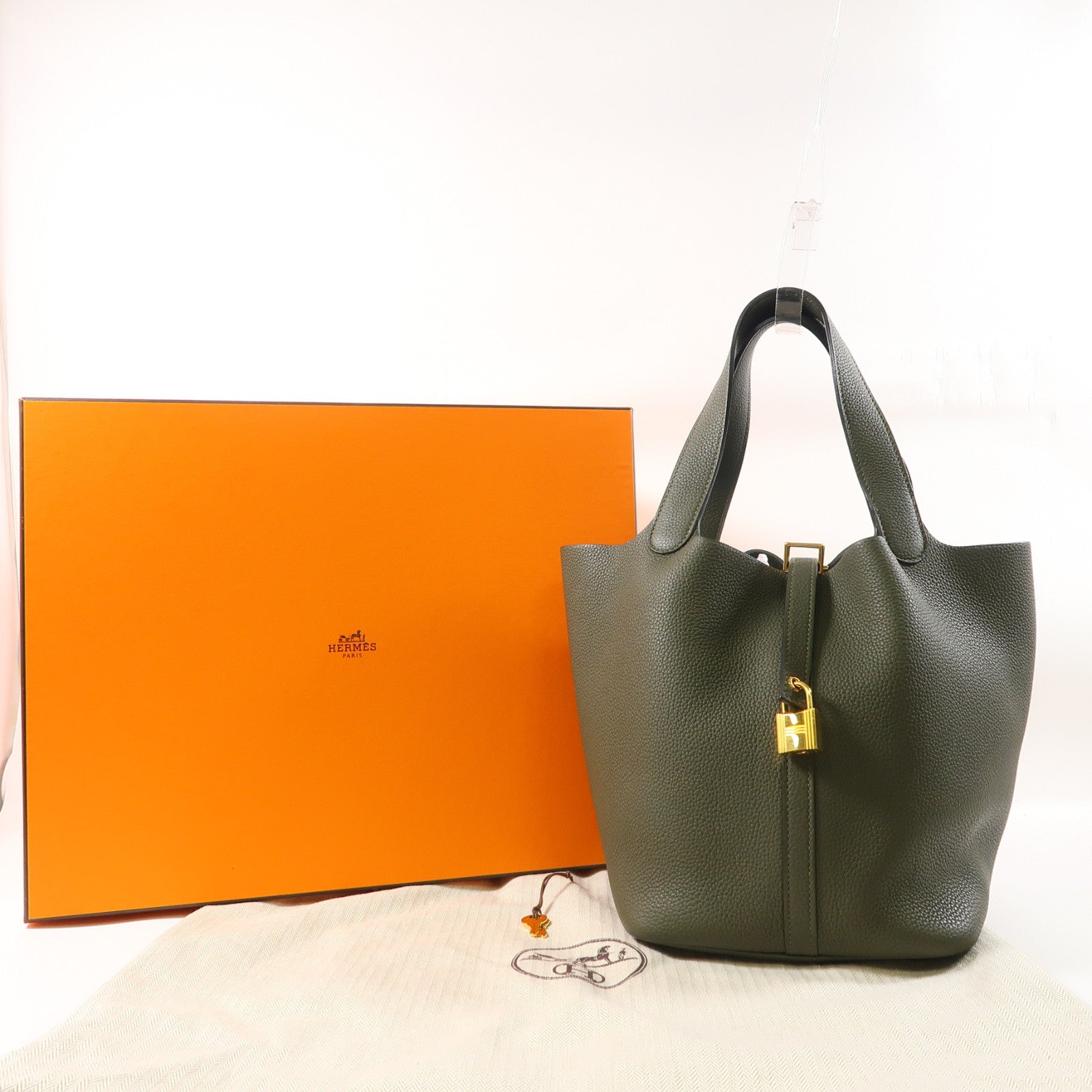 HERMES Maurice皮革Picotin MM金扣手挽袋Vert Olive橄欖綠色