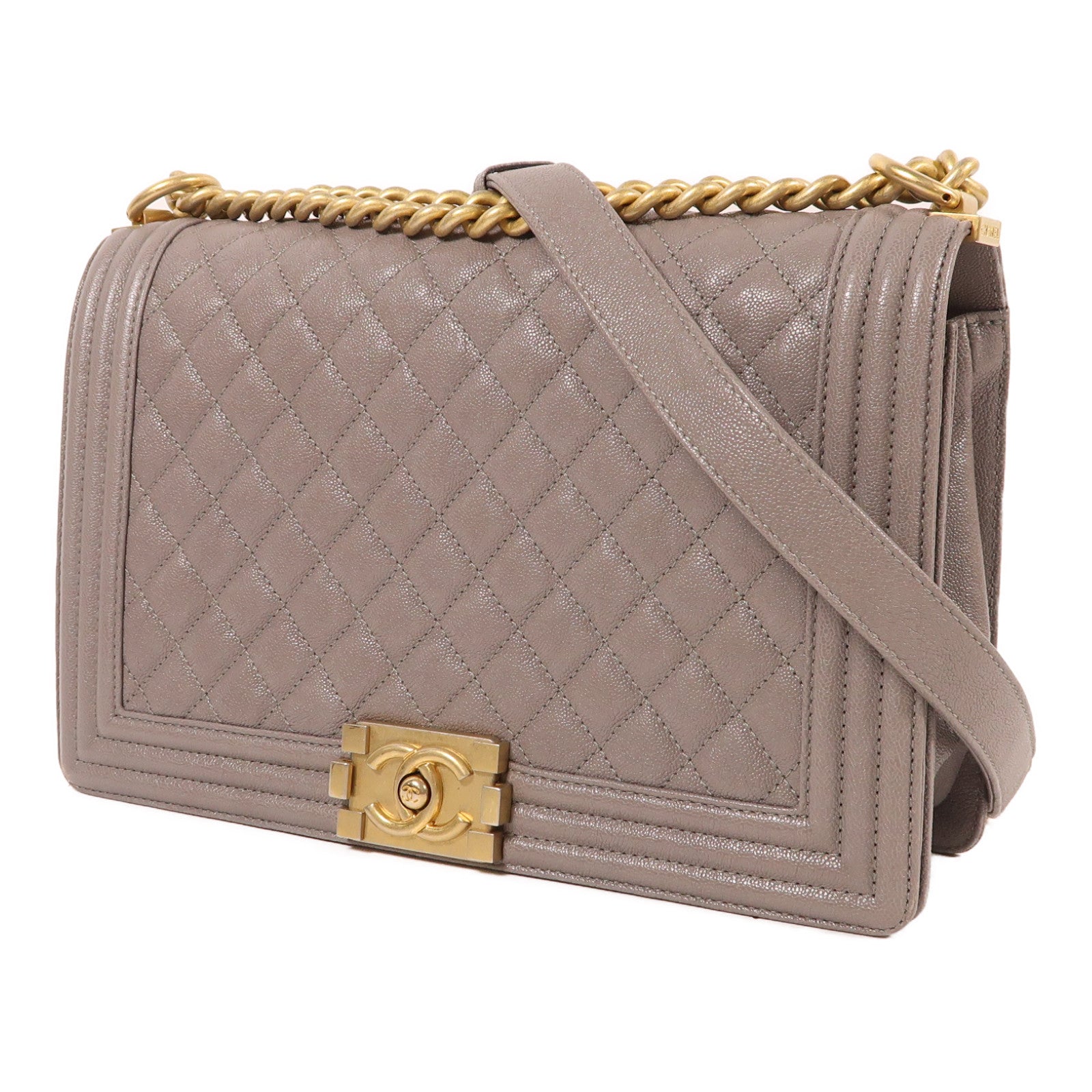 CHANEL 牛皮皮革Boy金扣鏈帶肩背袋