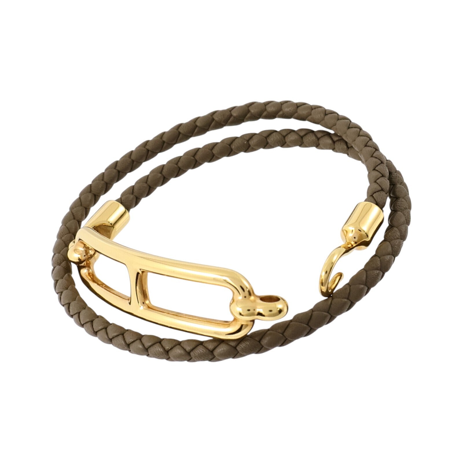 HERMES Swift皮革/金屬Roulis Double Tour Bracelet金扣手鏈Etoupe