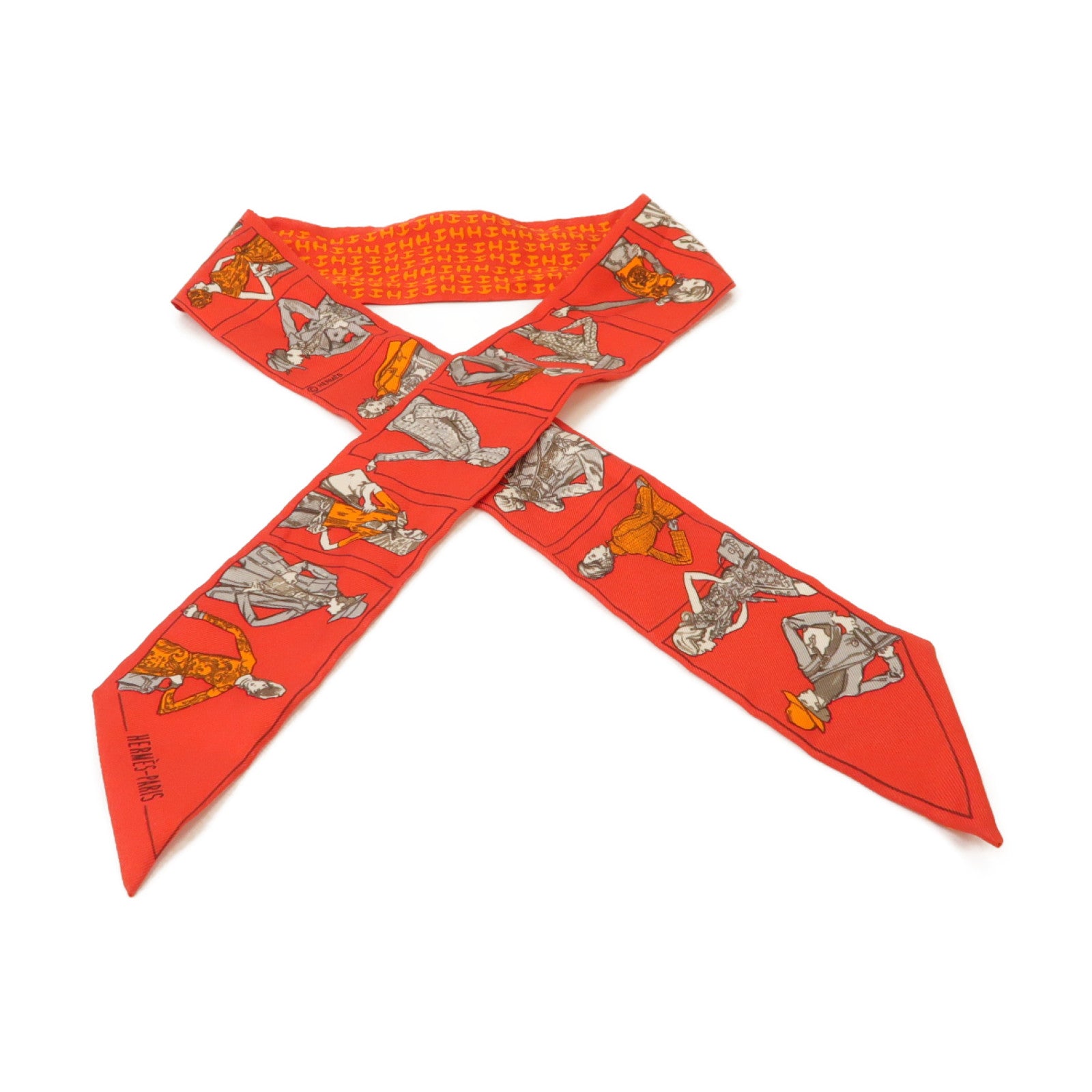 HERMES 【激減優惠】絲質Twilly絲巾紅色/灰色