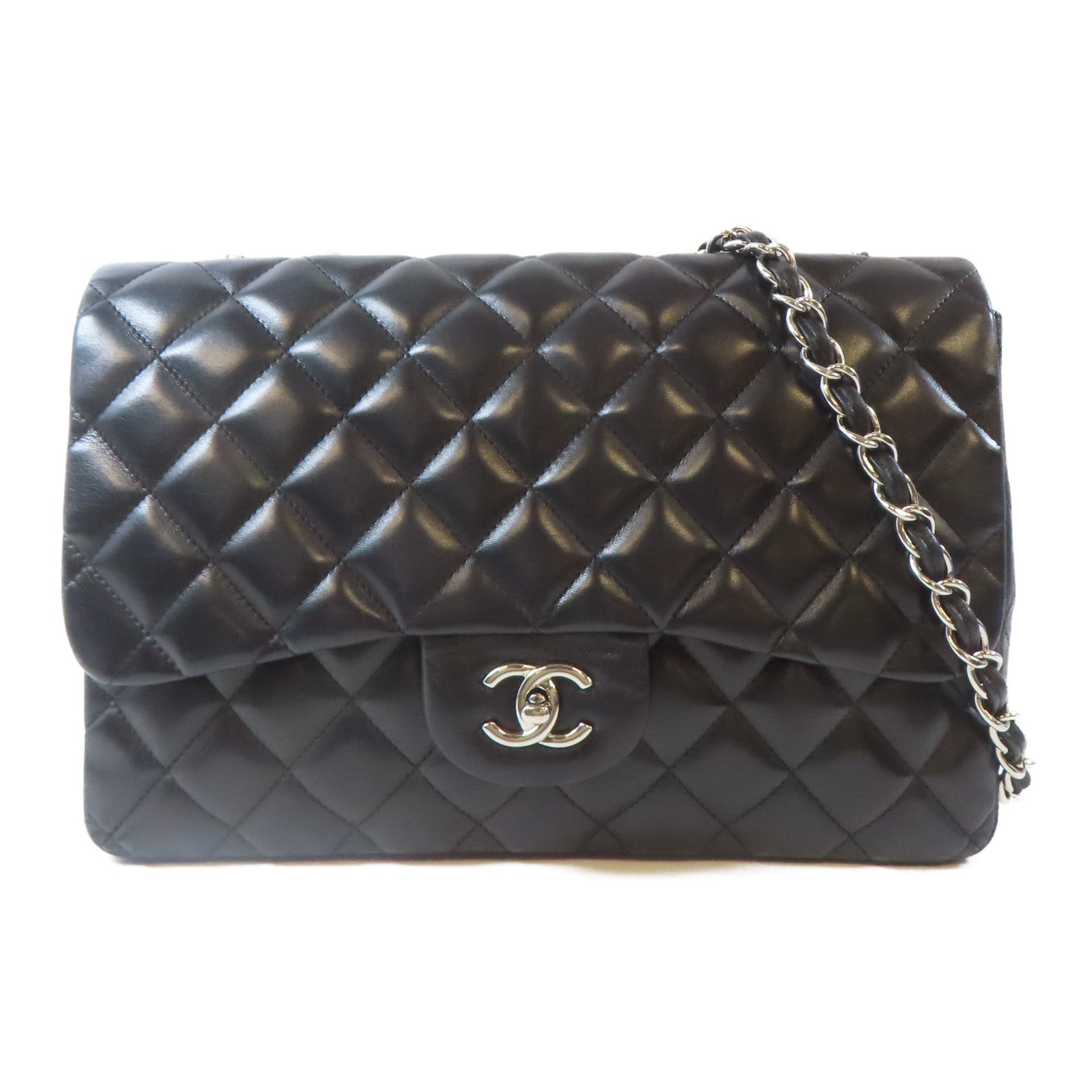 CHANEL 菱格羊皮皮革Classic Jumbo銀扣鏈帶肩背袋黑色