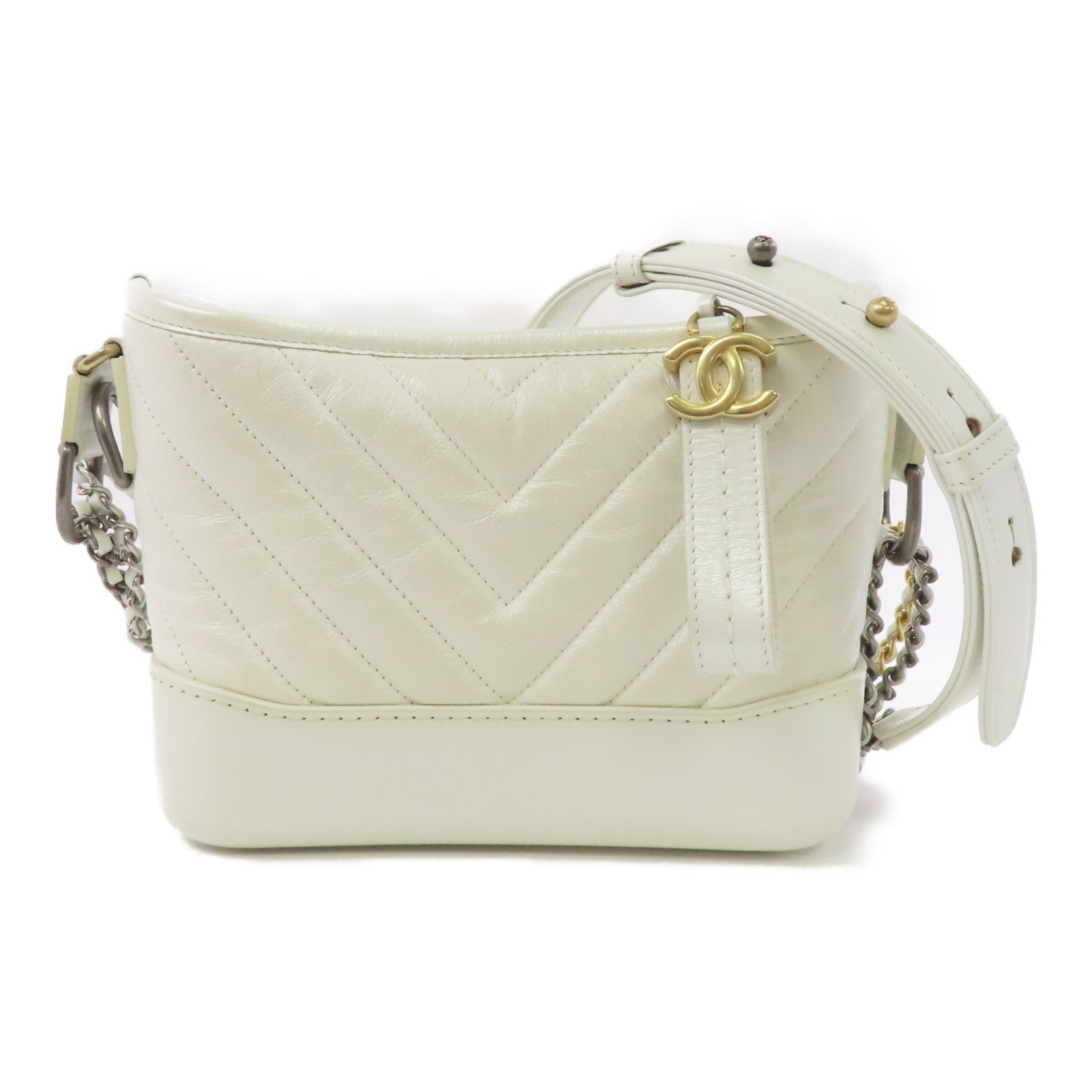 CHANEL 斜紋皮革Gabrlelle Small金扣/銀扣鏈帶肩背袋白色