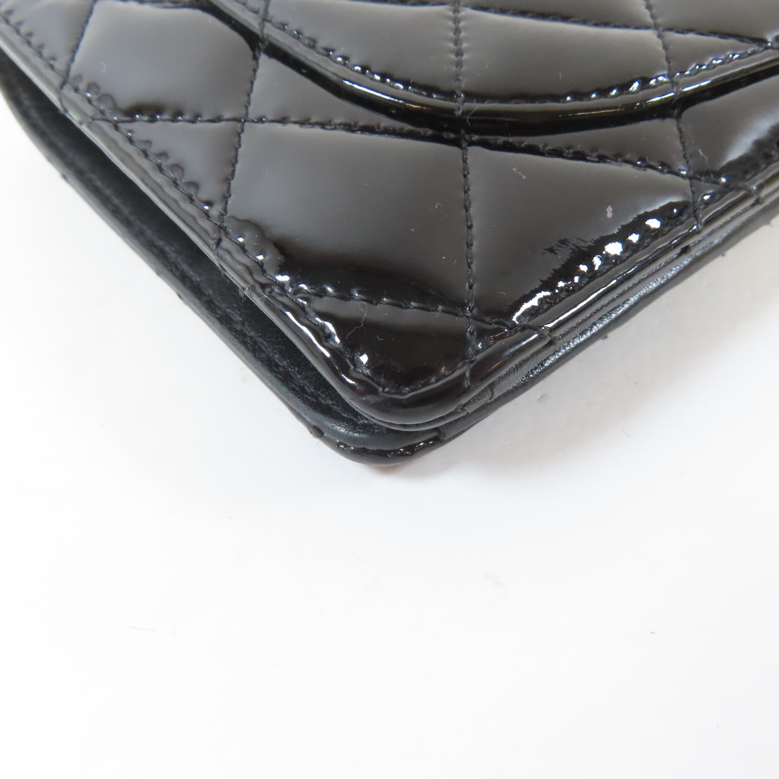 CHANEL 菱格漆皮皮革Long Wallet銀扣長錢包黑色