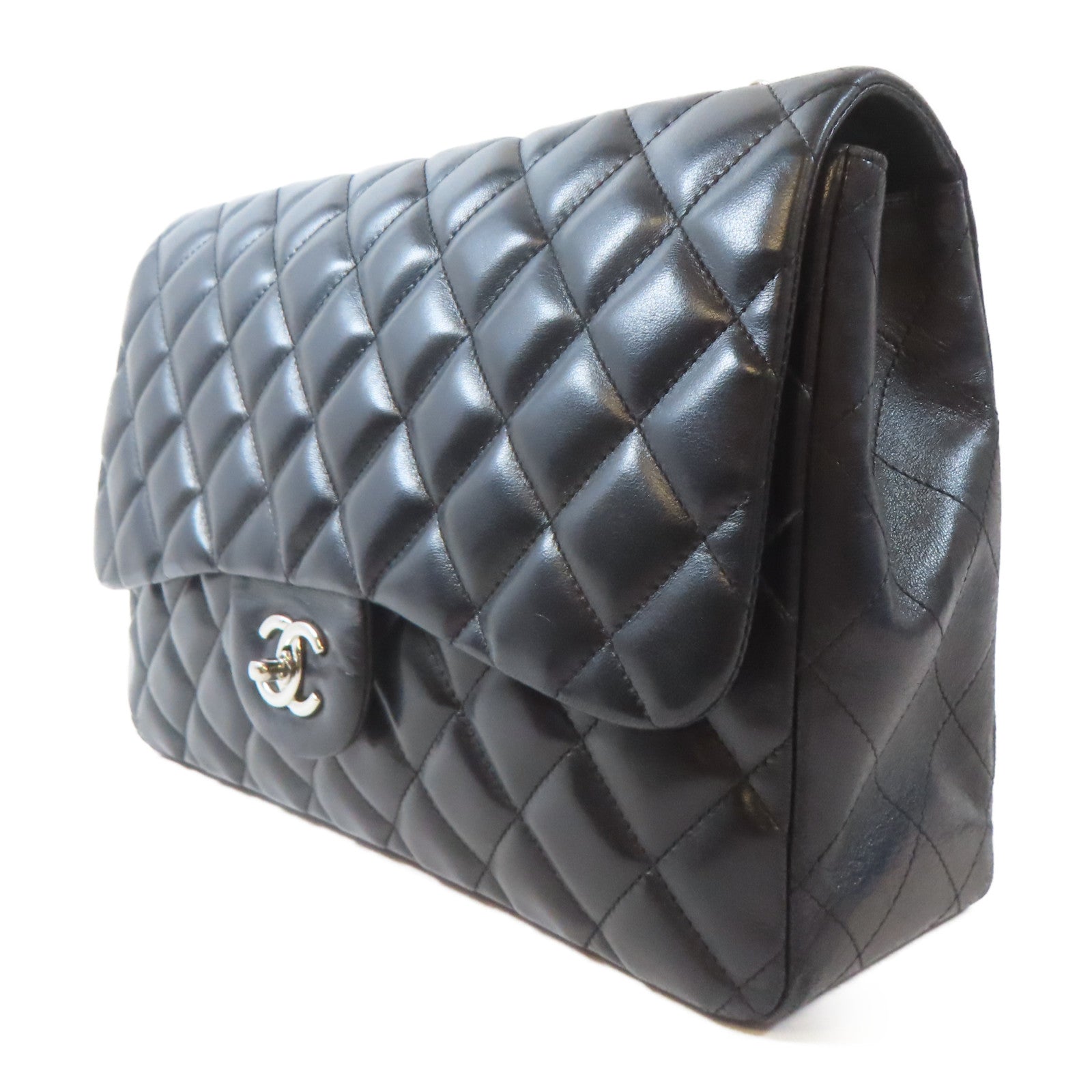 CHANEL 菱格羊皮皮革Classic Jumbo銀扣鏈帶肩背袋黑色