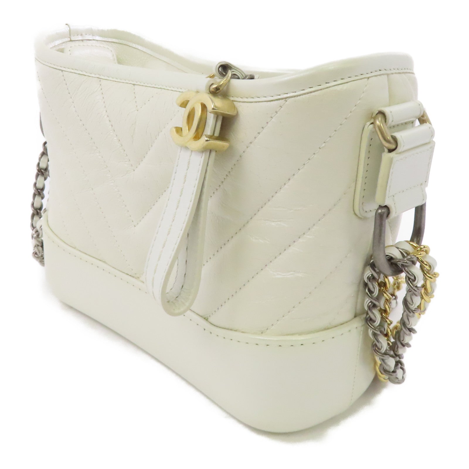 CHANEL 斜紋皮革Gabrlelle Small金扣/銀扣鏈帶肩背袋白色