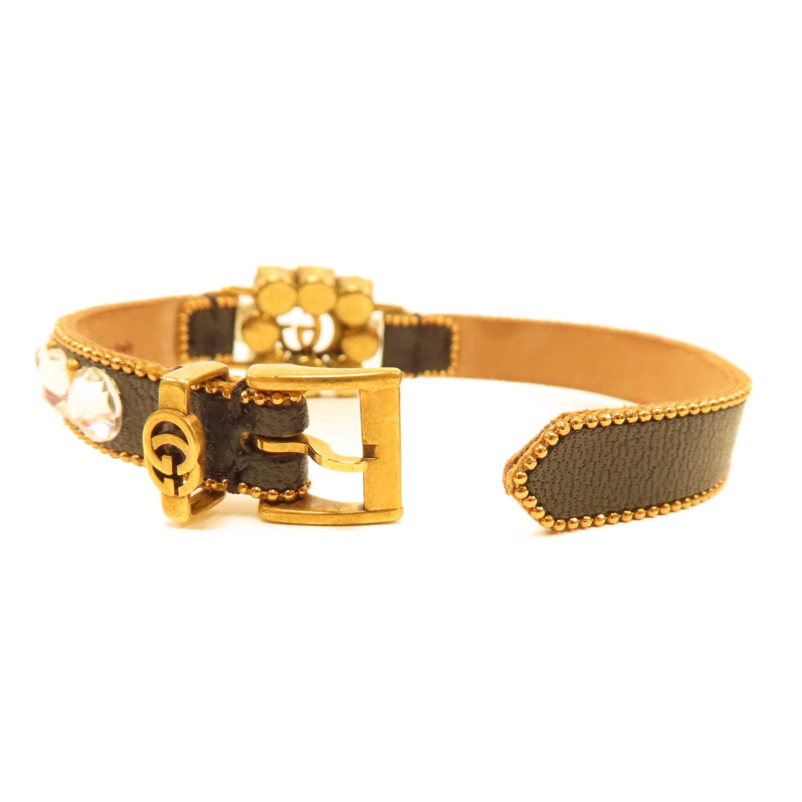 GUCCI 牛皮皮革/水晶Bracelet金扣手鐲黑色