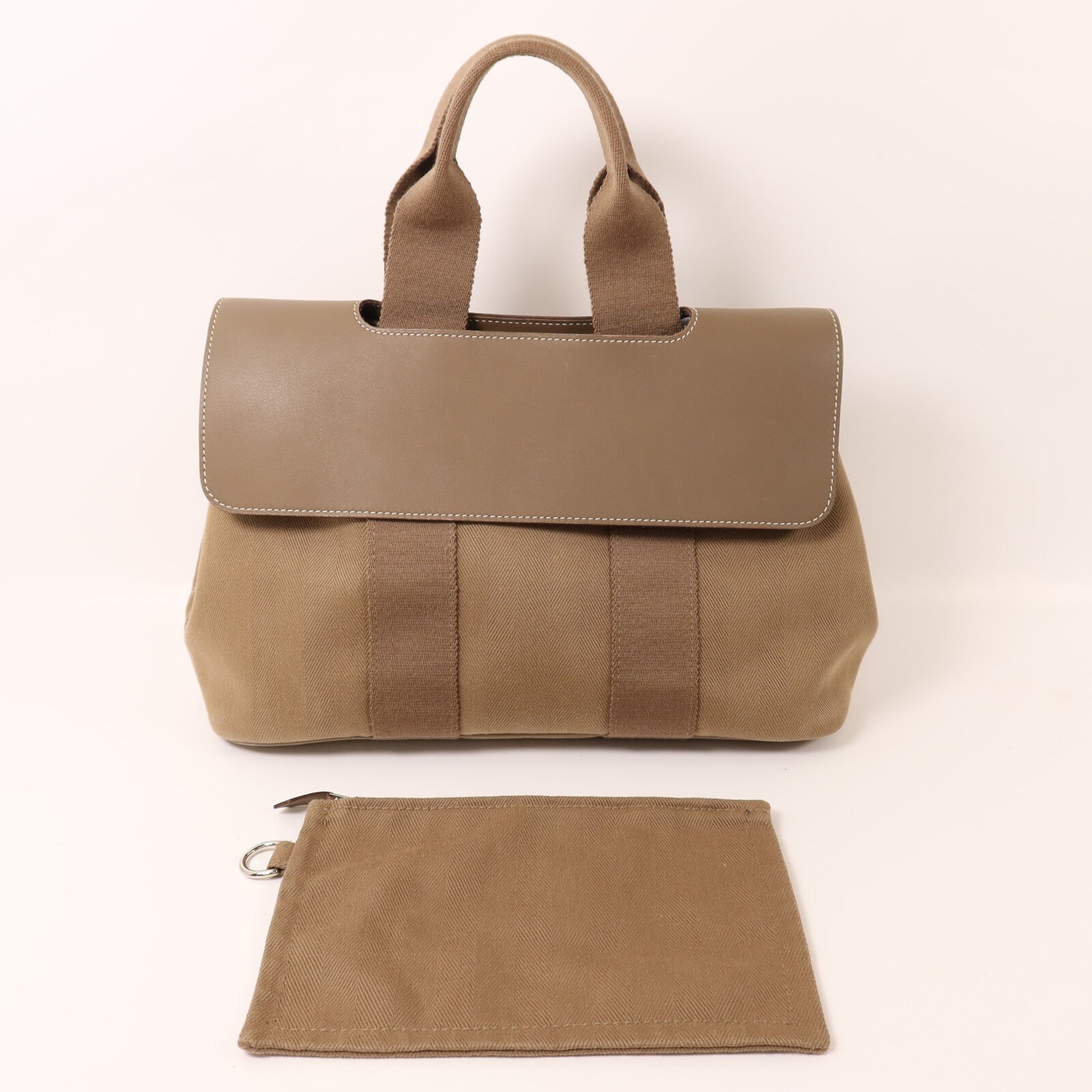 HERMES 帆布Valparaiso PM銀扣手挽袋Etoupe