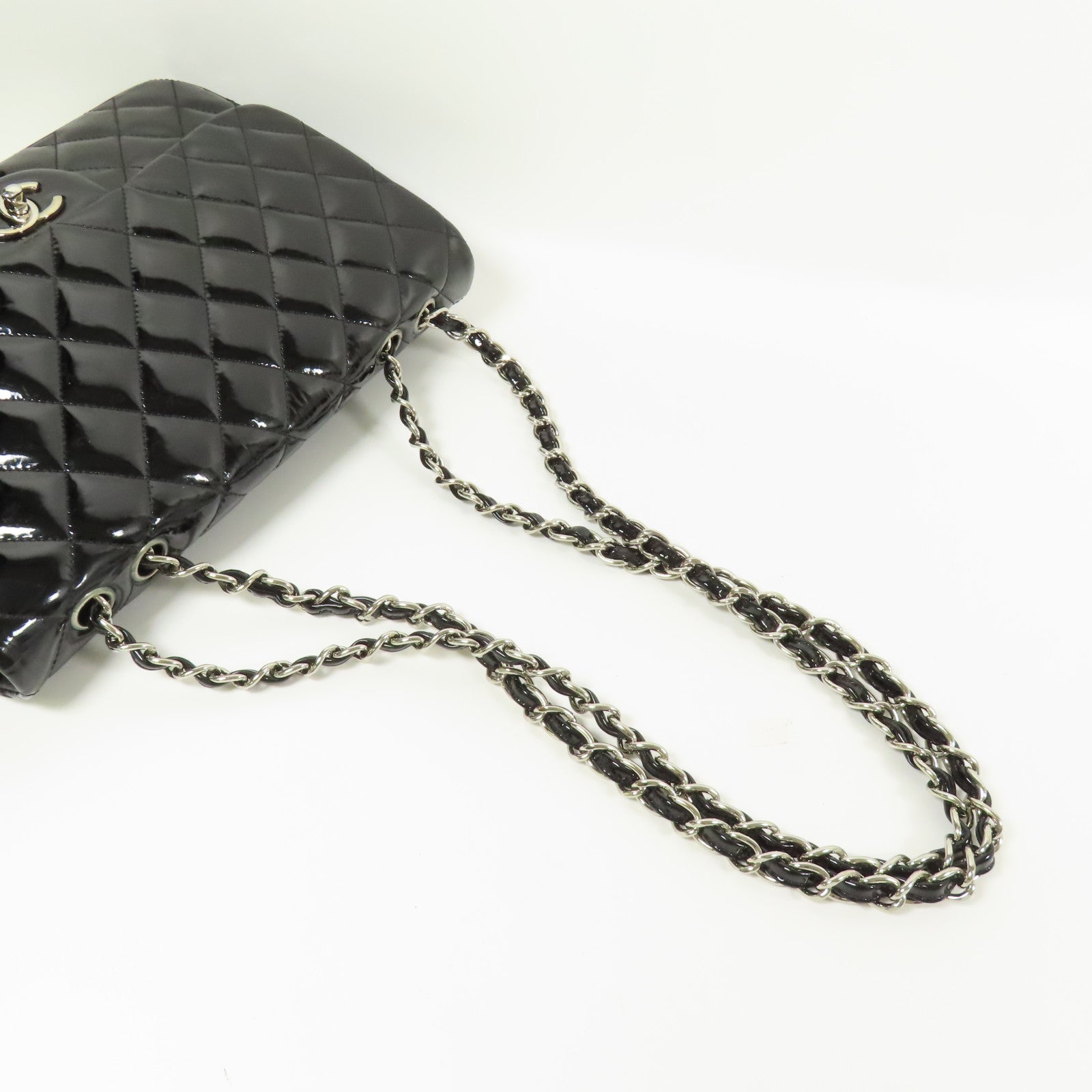 CHANEL 漆皮皮革Large Classic銀扣鏈帶肩背袋