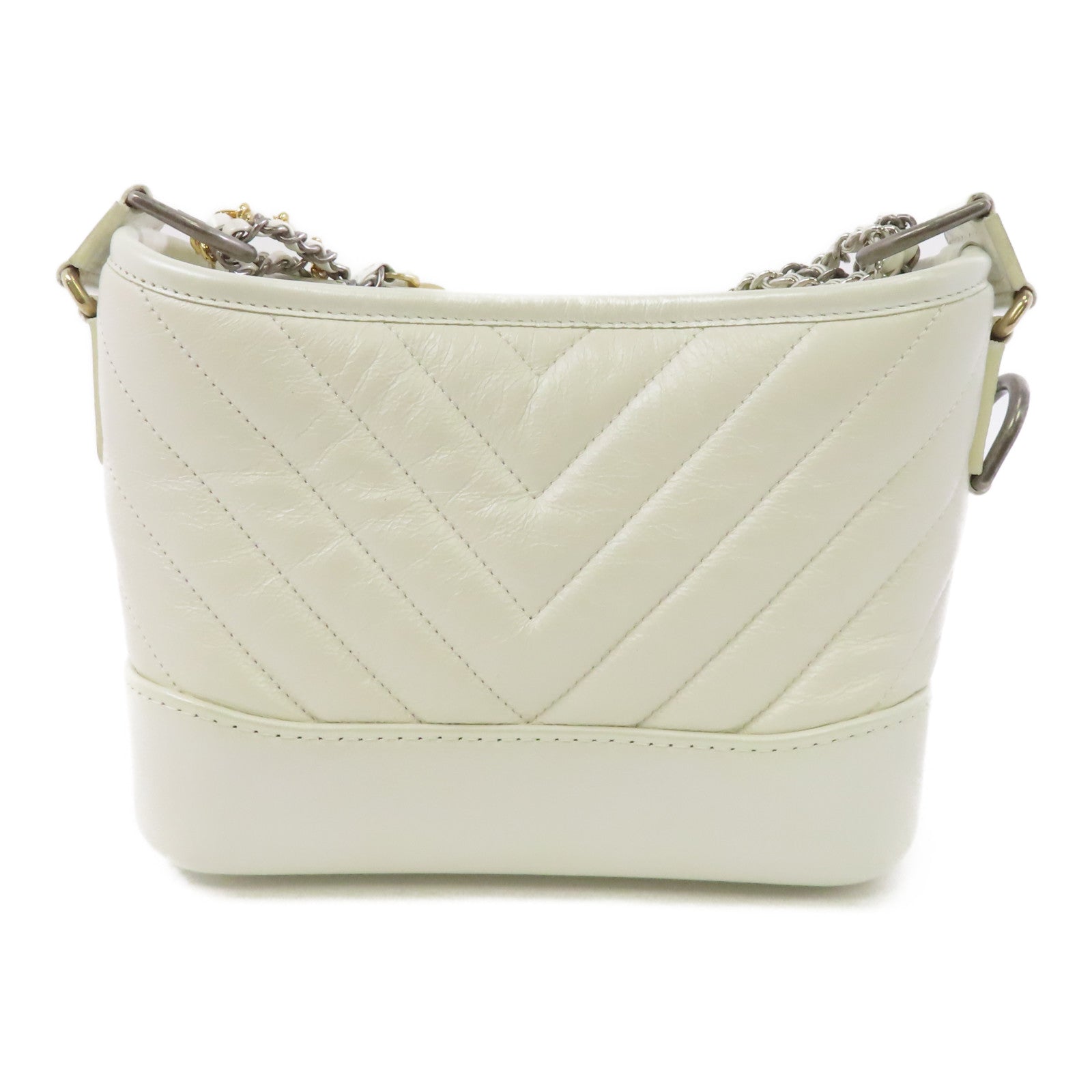 CHANEL 斜紋皮革Gabrlelle Small金扣/銀扣鏈帶肩背袋白色