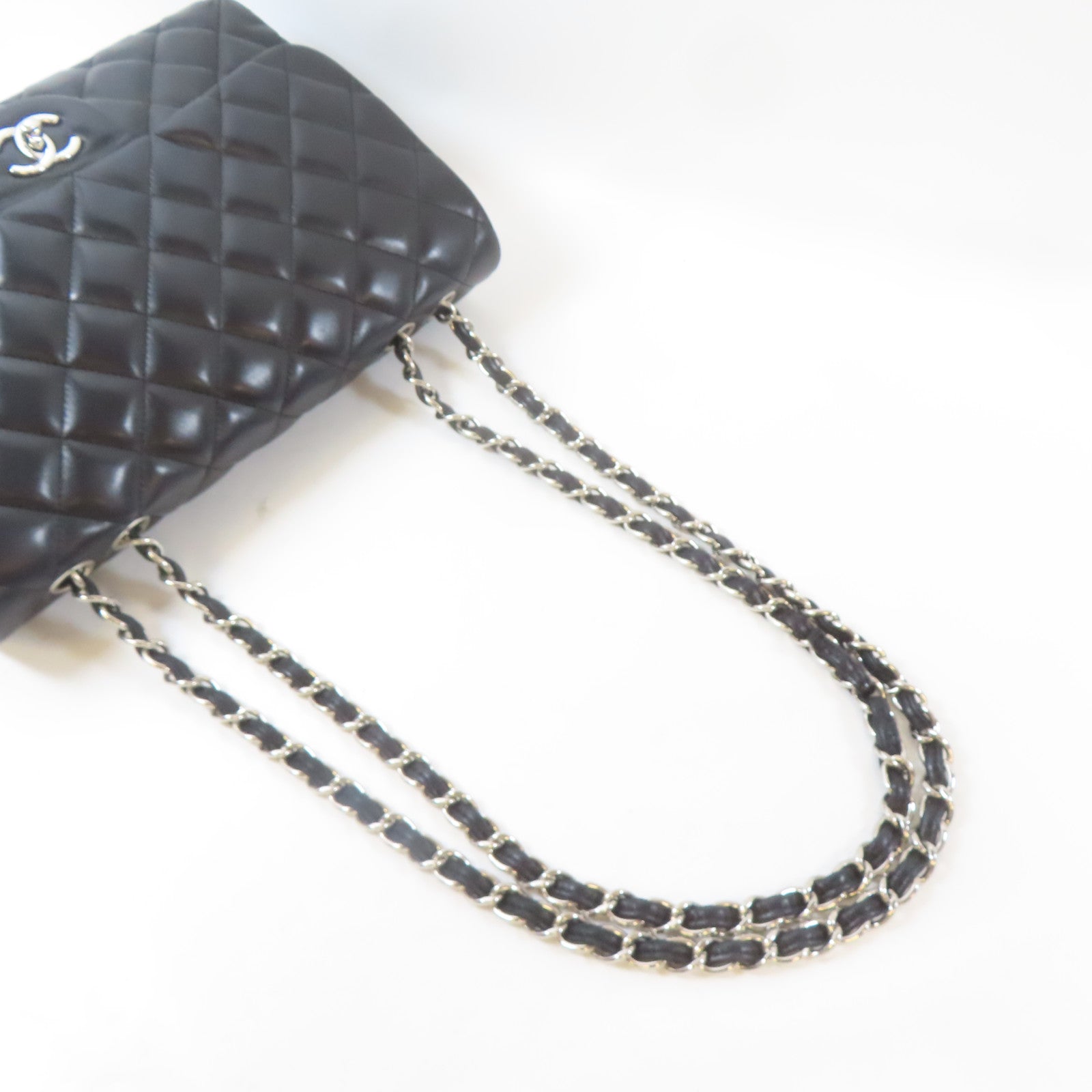 CHANEL 菱格羊皮皮革Classic Jumbo銀扣鏈帶肩背袋黑色